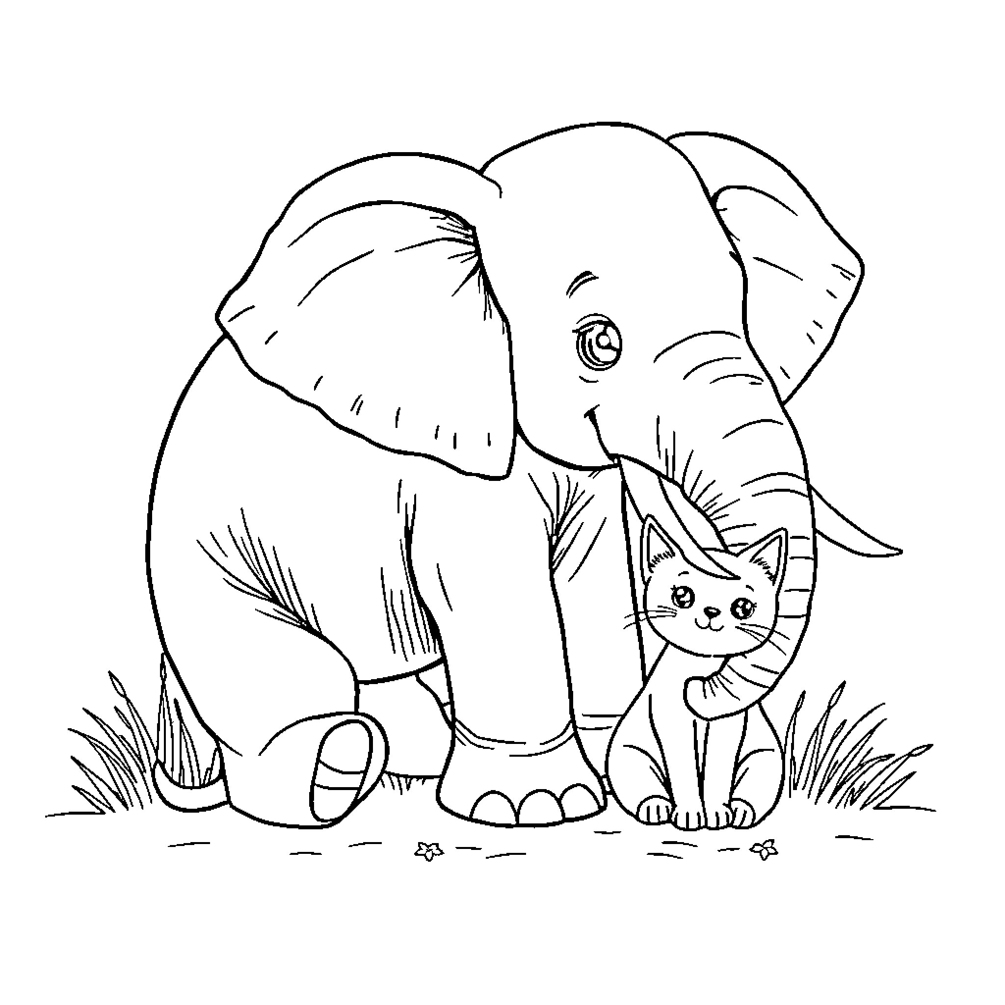 Cat befriends elephant in nature scene Coloring Page (free black-and-white line drawing printable PDF for all, from beginners to advanced learners, including children, teens, adults, and seniors)