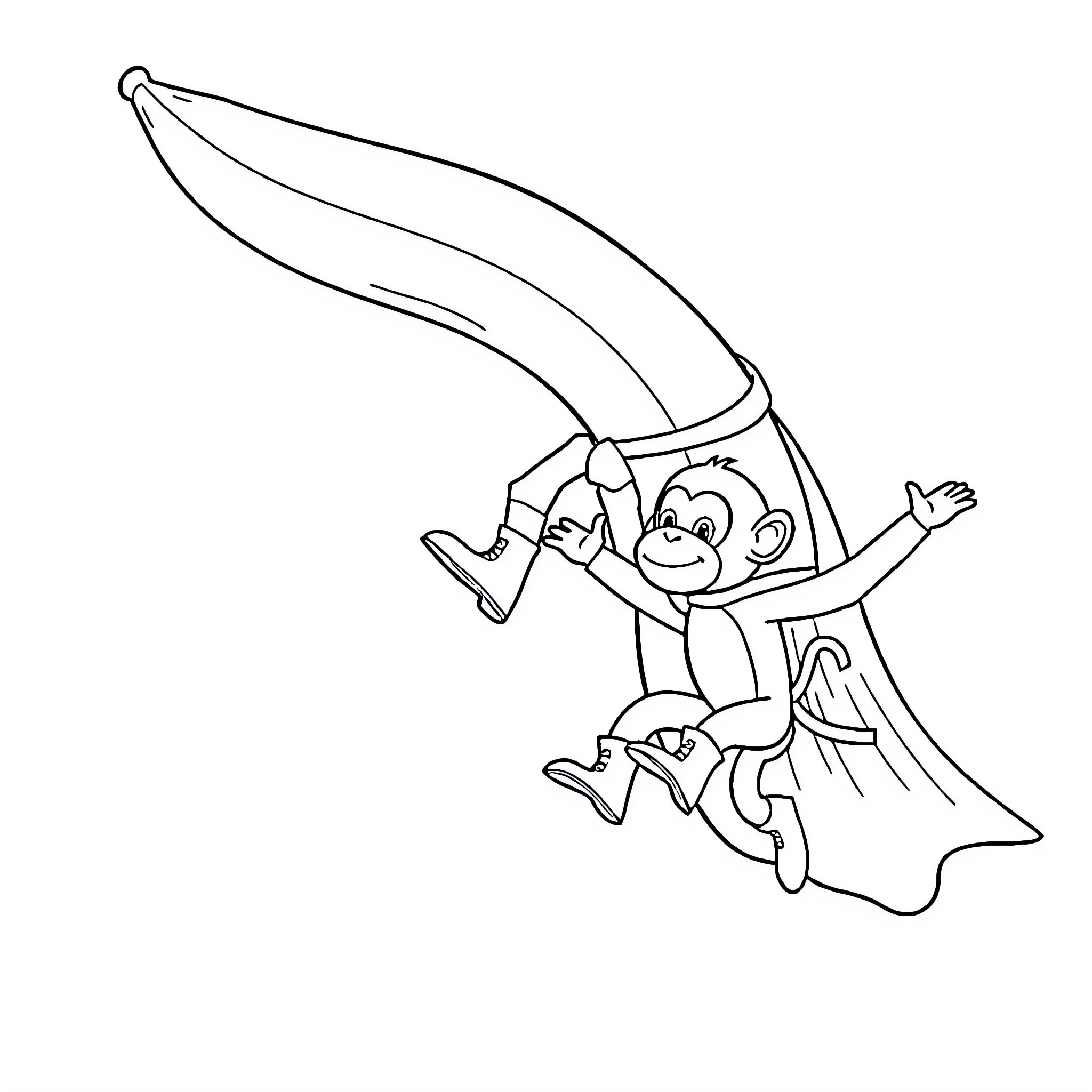 Banana monkey swinging with sword Coloring Page (free black-and-white line drawing printable PDF for all, from beginners to advanced learners, including children, teens, adults, and seniors)
