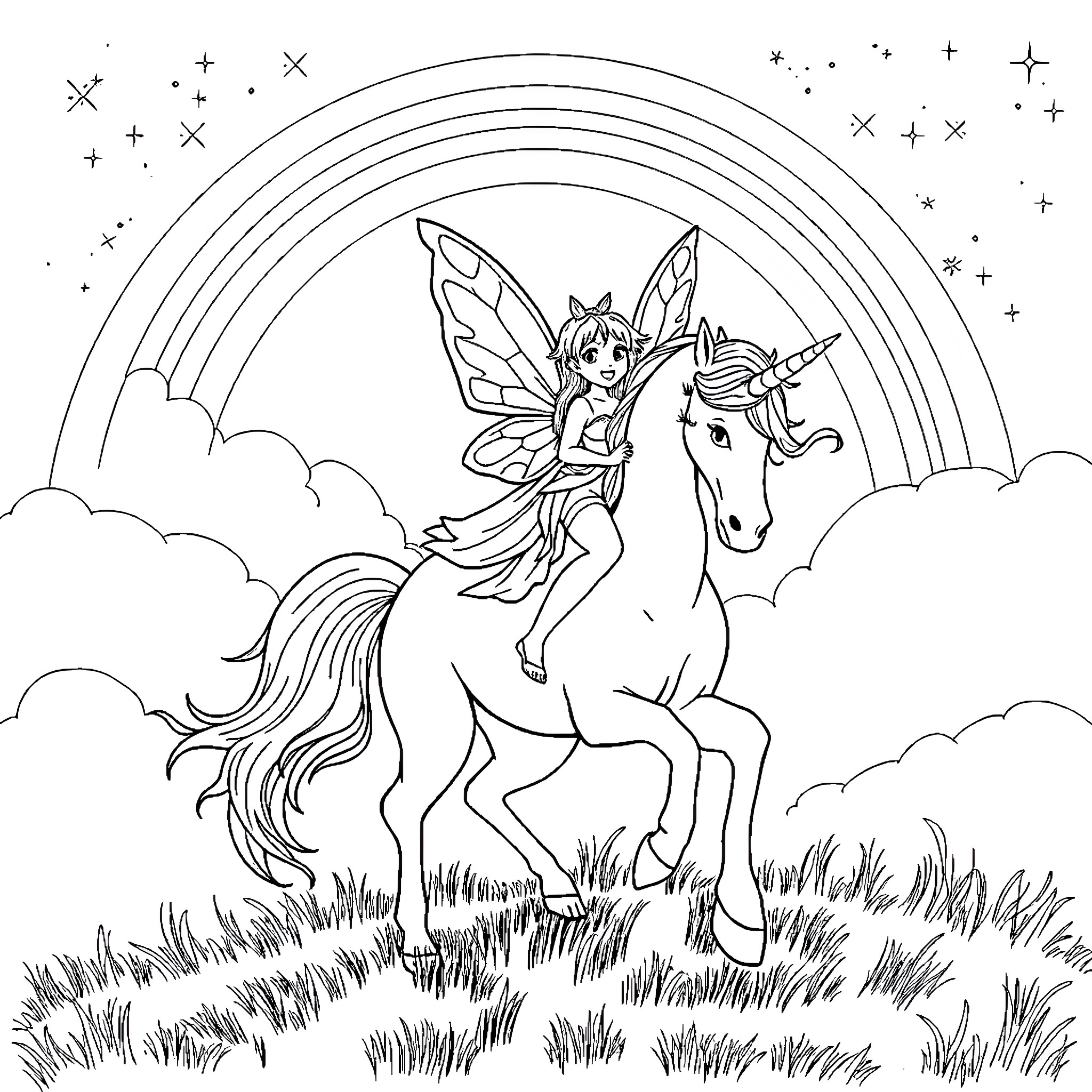 Fairy riding a unicorn amidst a starry sky Coloring Page (free black-and-white line drawing printable PDF for all, from beginners to advanced learners, including children, teens, adults, and seniors)