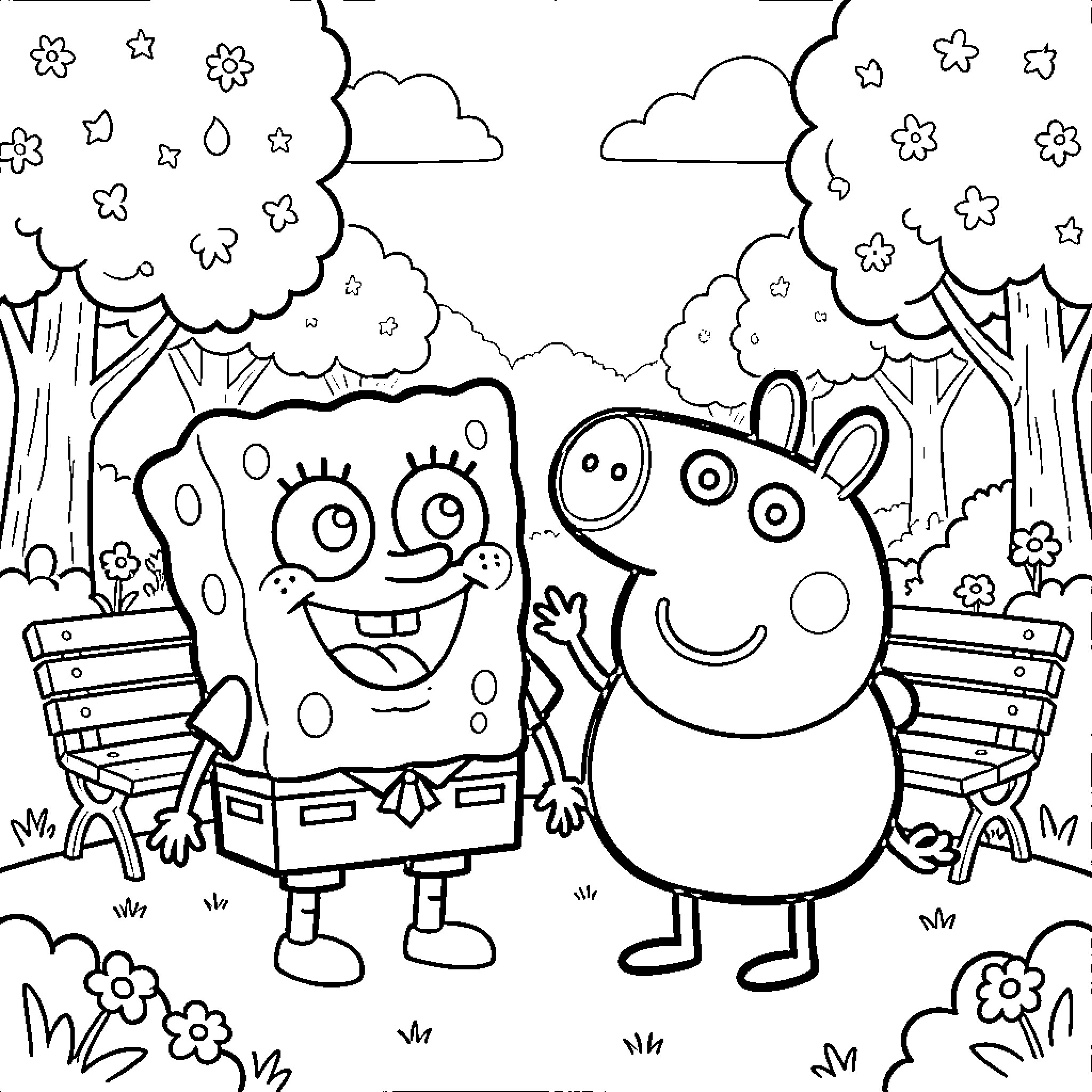 Bob esponja and Peppa Pig's outdoor adventure Coloring Page (free black-and-white line drawing printable PDF for all, from beginners to advanced learners, including children, teens, adults, and seniors)