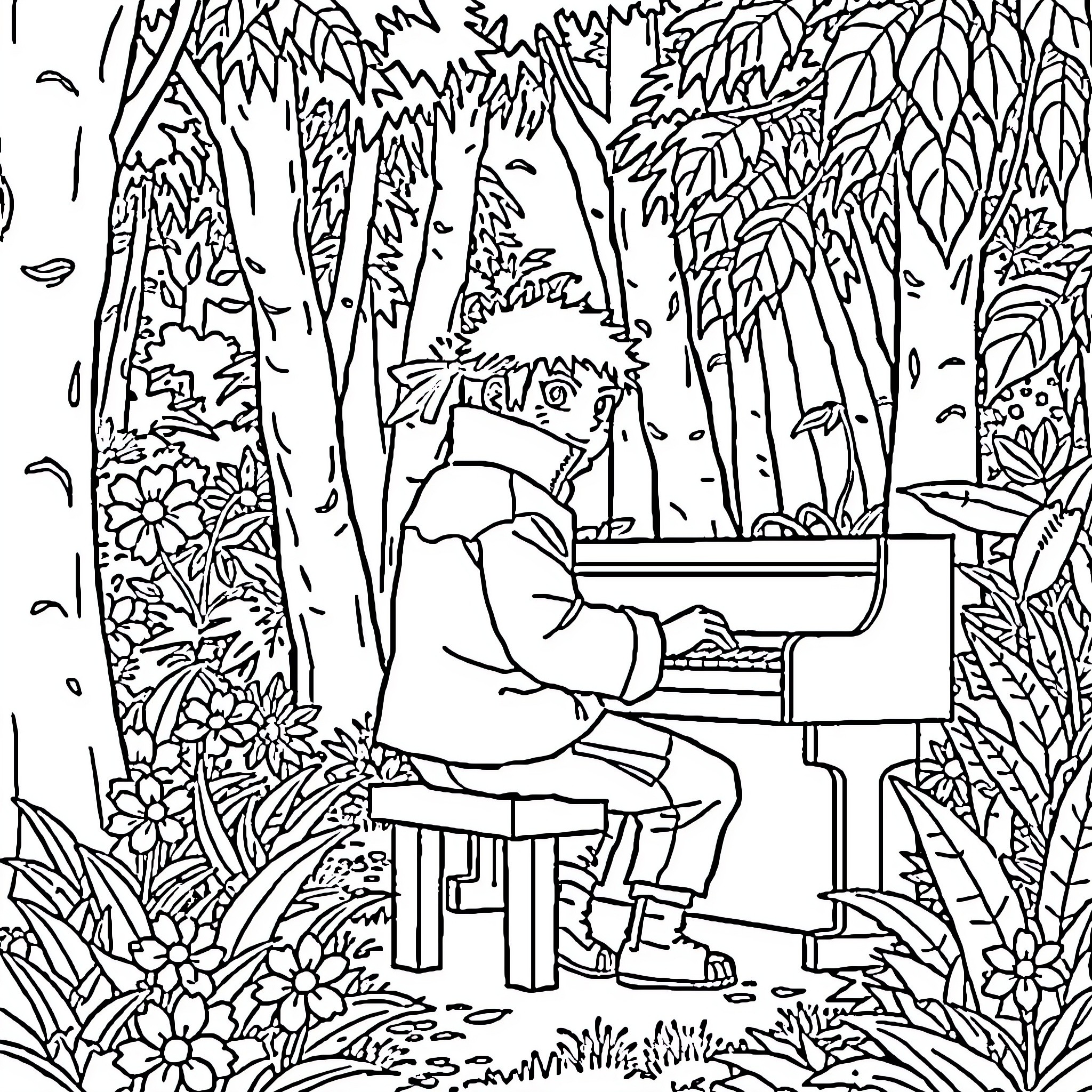 Naruto playing piano in the enchanted forest Coloring Page (free black-and-white line drawing printable PDF for all, from beginners to advanced learners, including children, teens, adults, and seniors)