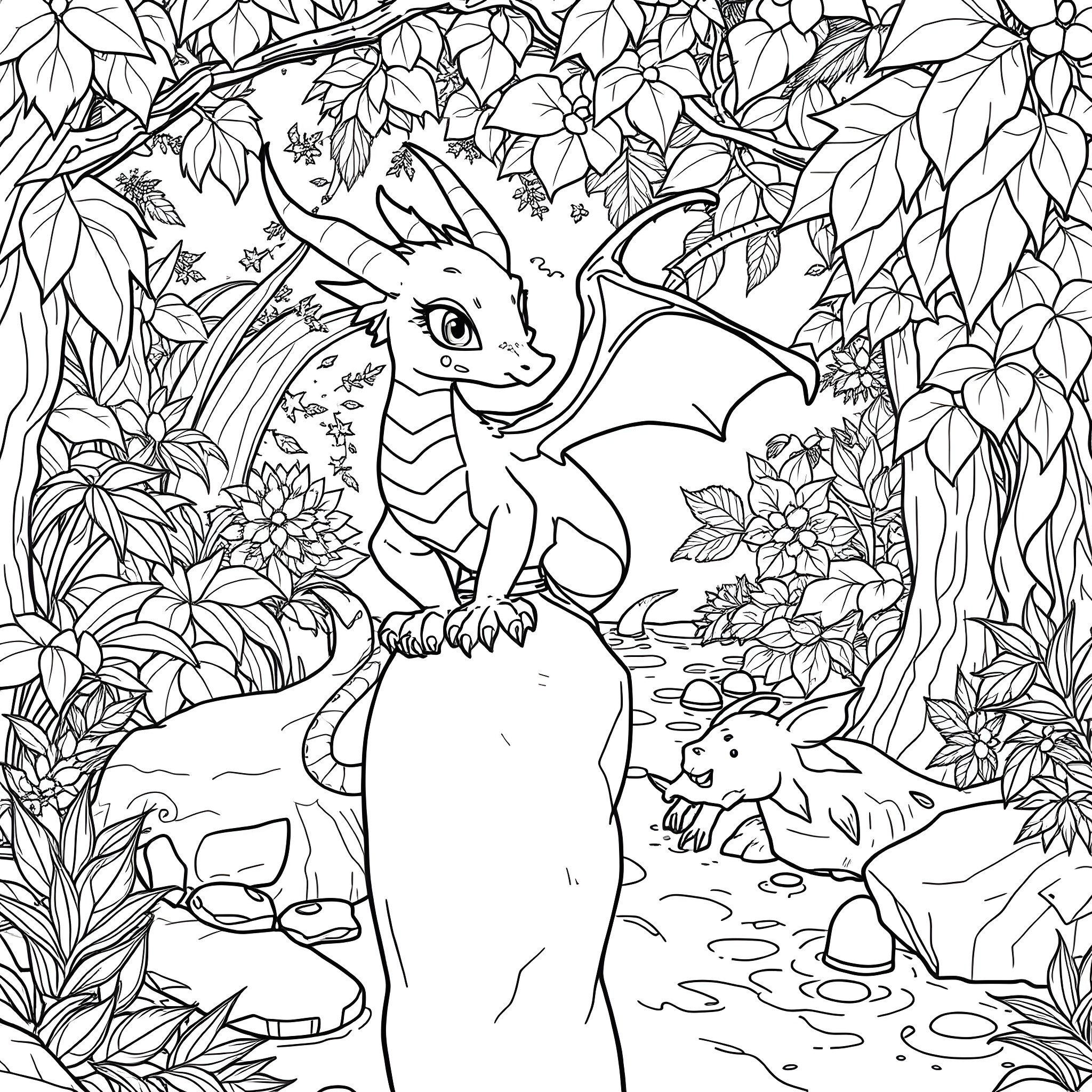 Dragon Soaring Amidst Lush Foliage Coloring Page (free black-and-white line drawing printable PDF for all, from beginners to advanced learners, including children, teens, adults, and seniors)