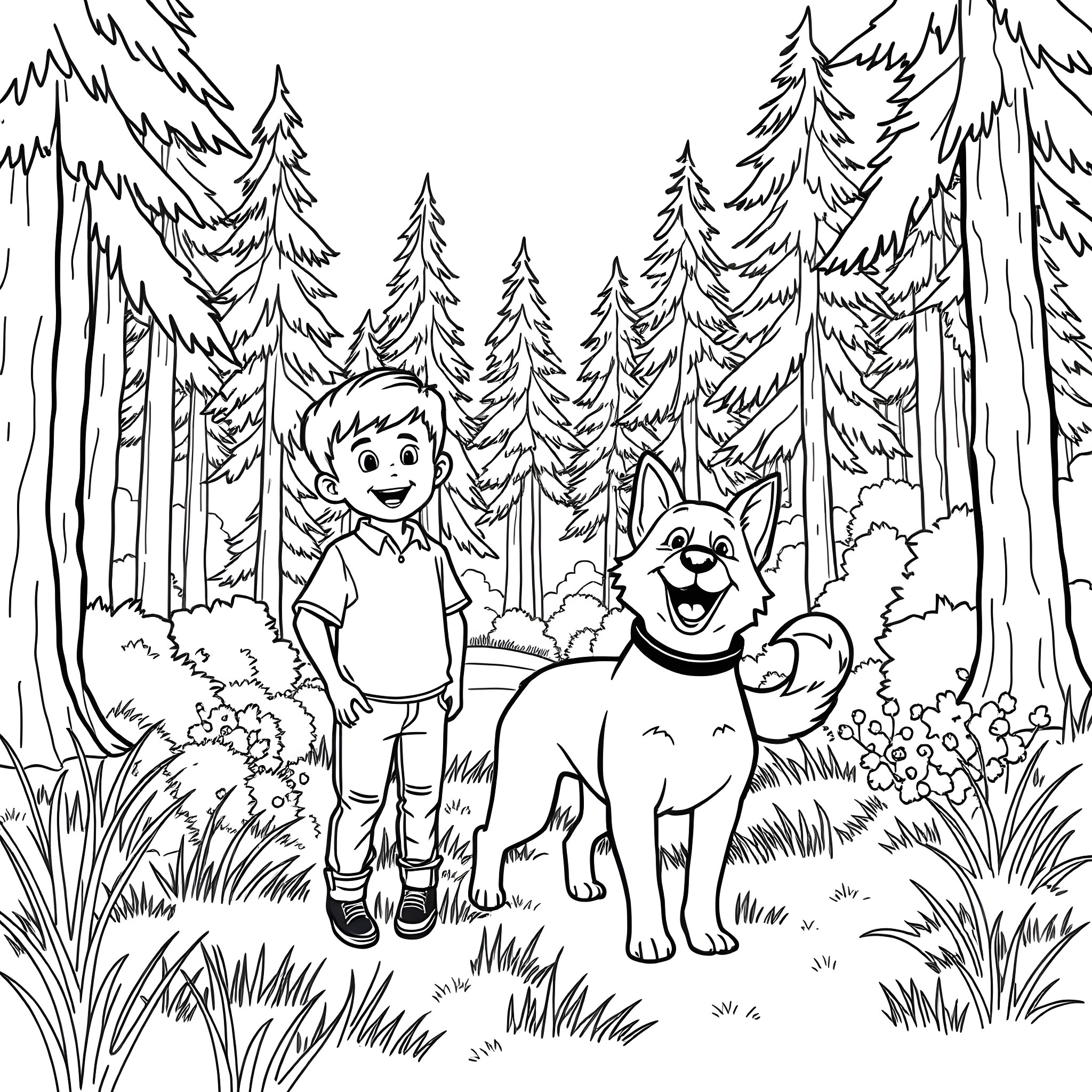 Joshua Jones exploring the forest with his dog Coloring Page (free black-and-white line drawing printable PDF for all, from beginners to advanced learners, including children, teens, adults, and seniors)