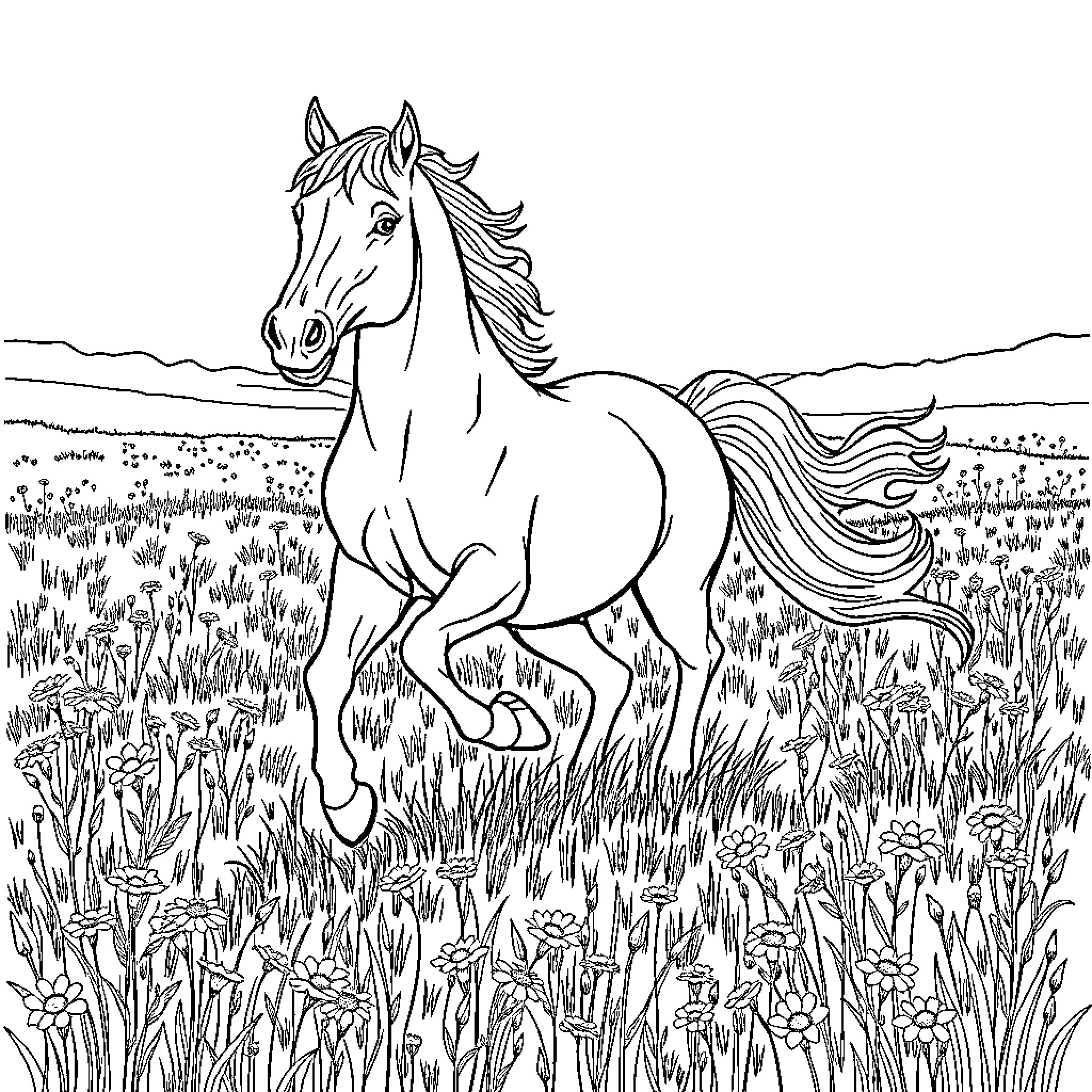 Horse galloping through a lush meadow Coloring Page (free black-and-white line drawing printable PDF for all, from beginners to advanced learners, including children, teens, adults, and seniors)