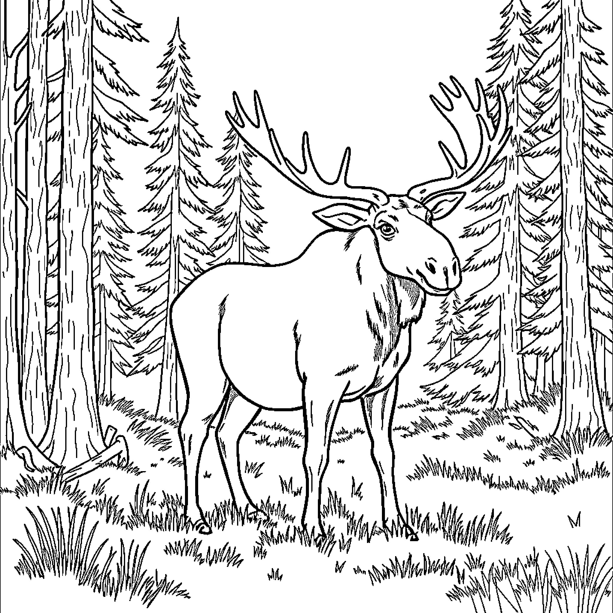 Moose exploring the forest scenery Coloring Page (free black-and-white line drawing printable PDF for all, from beginners to advanced learners, including children, teens, adults, and seniors)