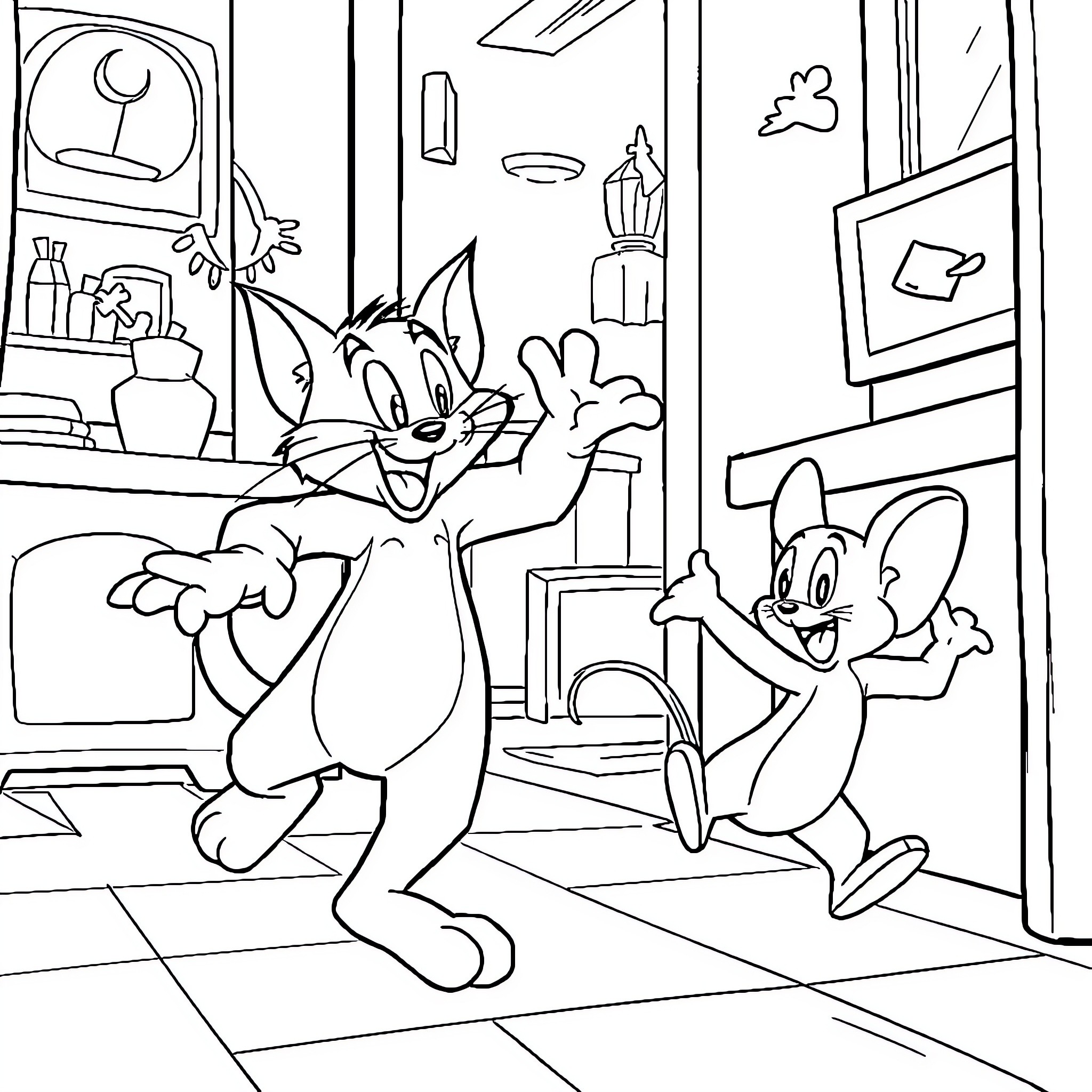 Tom and Jerry chase through the house Coloring Page (free black-and-white line drawing printable PDF for all, from beginners to advanced learners, including children, teens, adults, and seniors)