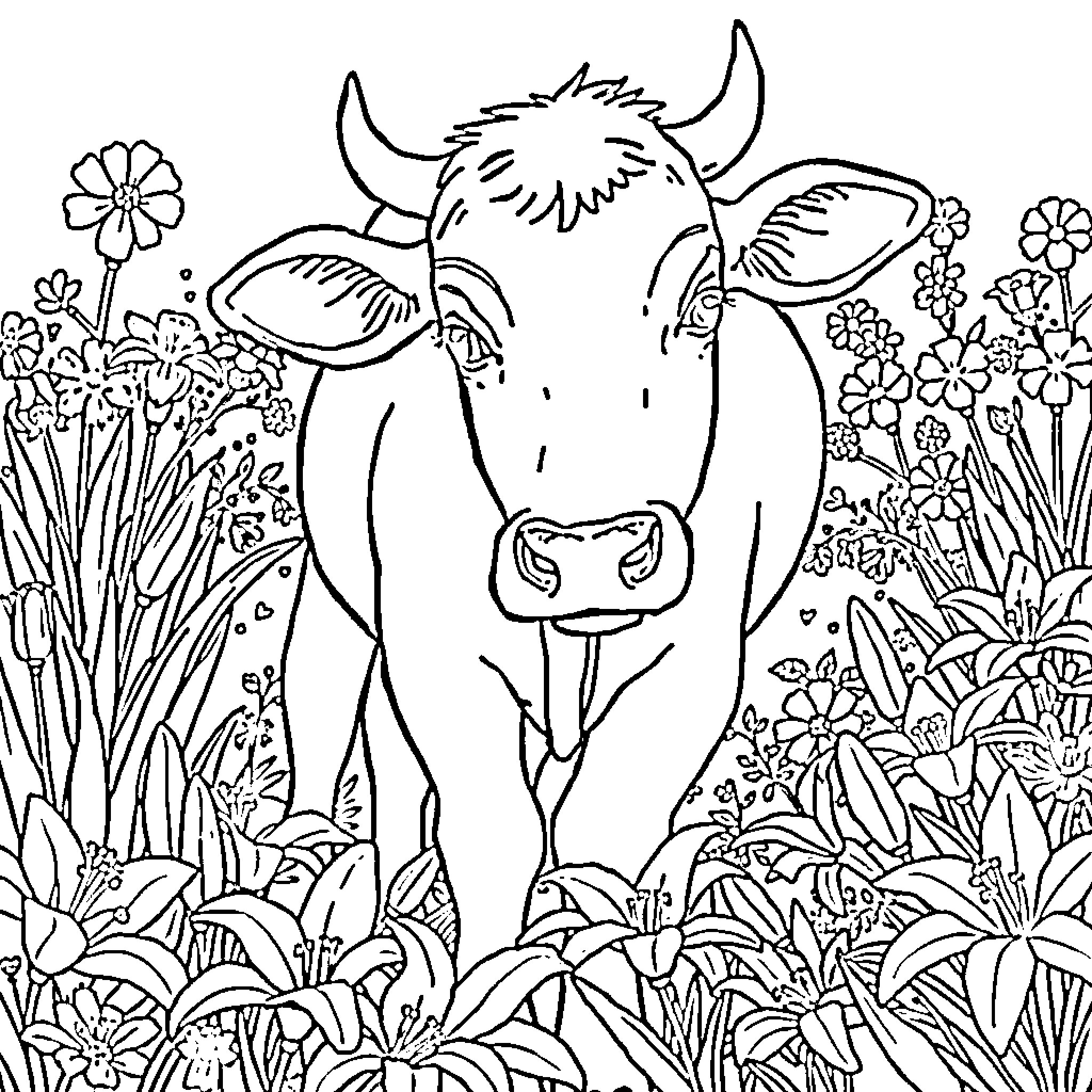 Cow enjoying flowers in a lush meadow Coloring Page (free black-and-white line drawing printable PDF for all, from beginners to advanced learners, including children, teens, adults, and seniors)