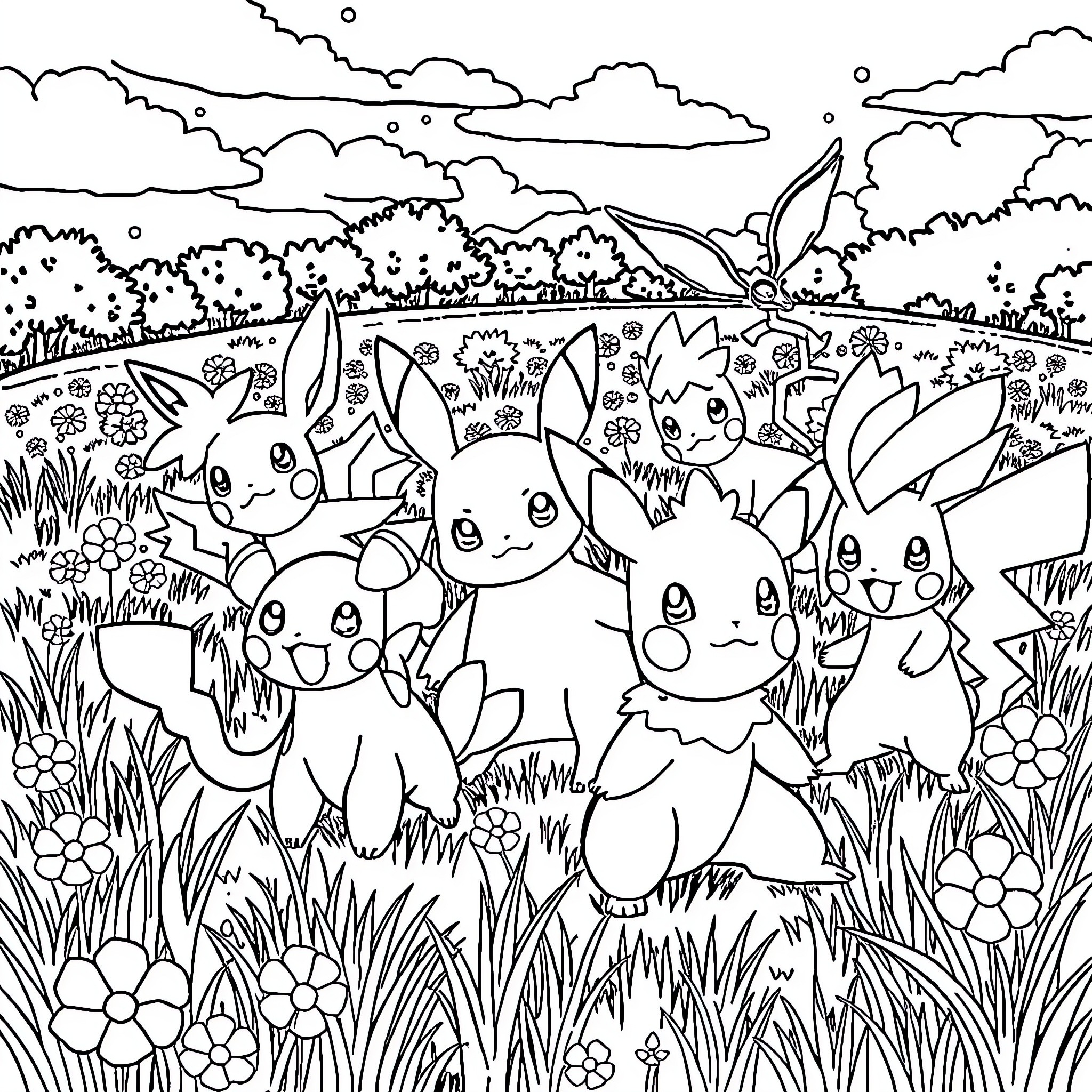 Pokémon characters frolicking in a floral meadow Coloring Page (free black-and-white line drawing printable PDF for all, from beginners to advanced learners, including children, teens, adults, and seniors)