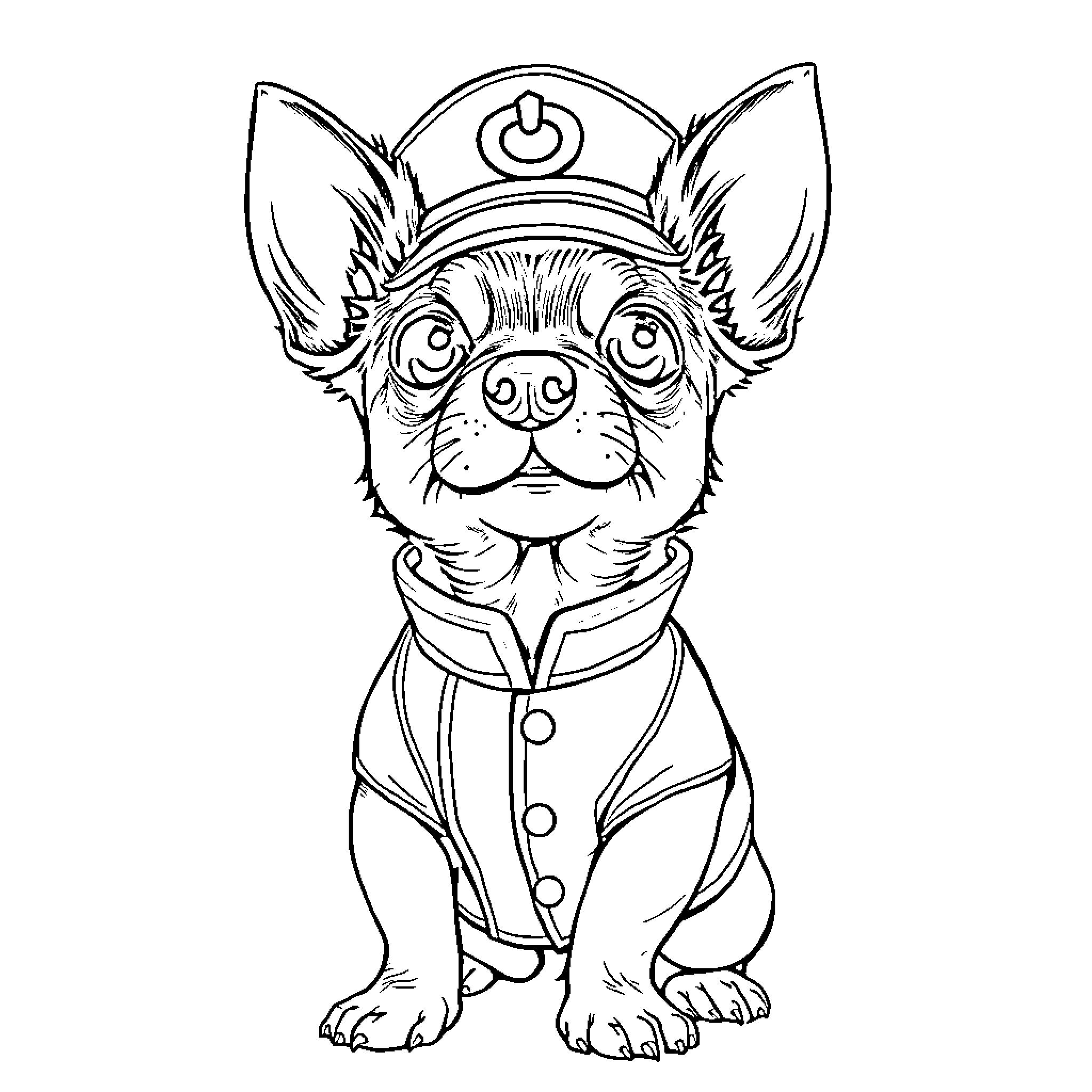 Weenie Dog Dressed in Uniform with Power Button on Head Coloring Page (free black-and-white line drawing printable PDF for all, from beginners to advanced learners, including children, teens, adults, and seniors)