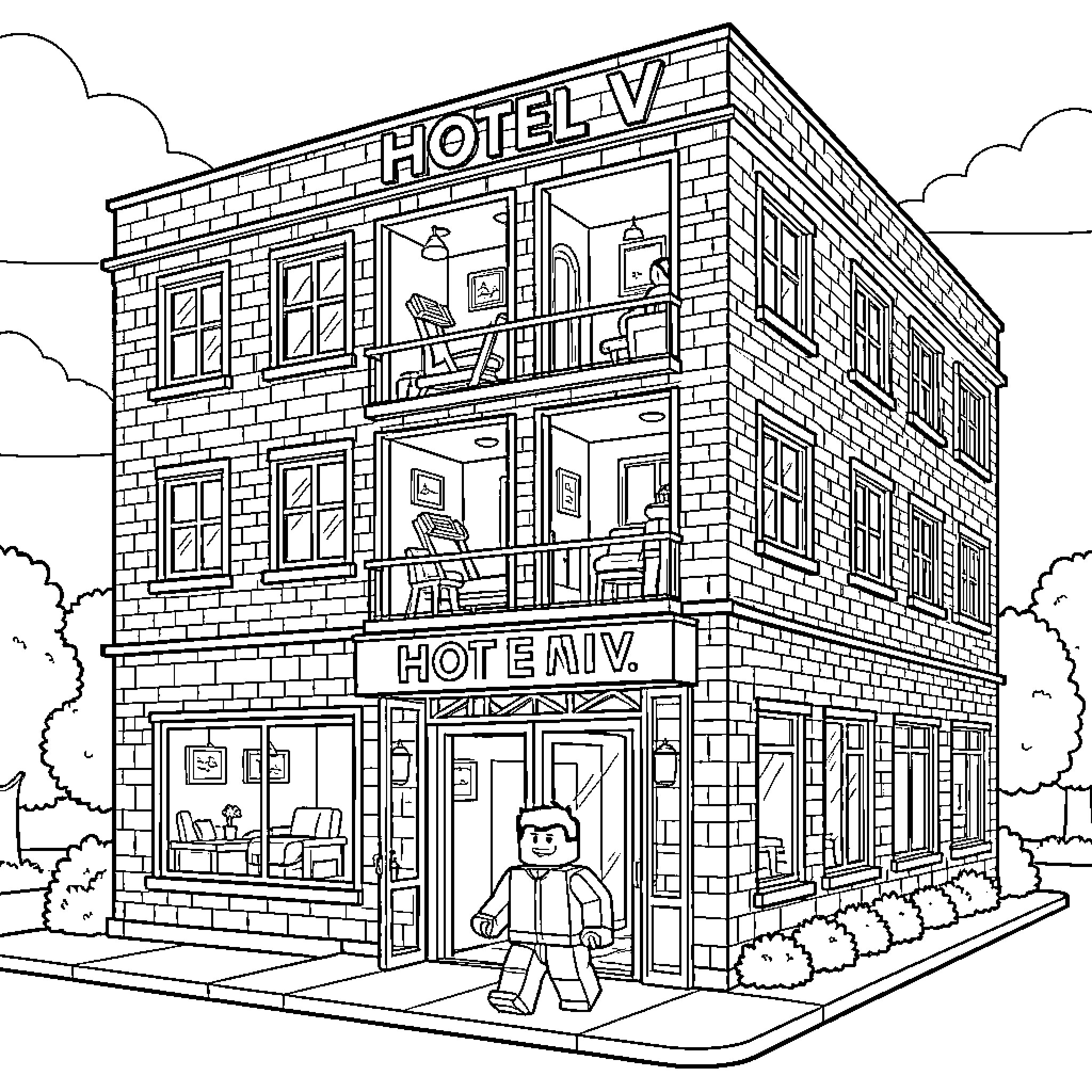 Roblox Character Exploring a Hotel Building Coloring Page (free black-and-white line drawing printable PDF for all, from beginners to advanced learners, including children, teens, adults, and seniors)