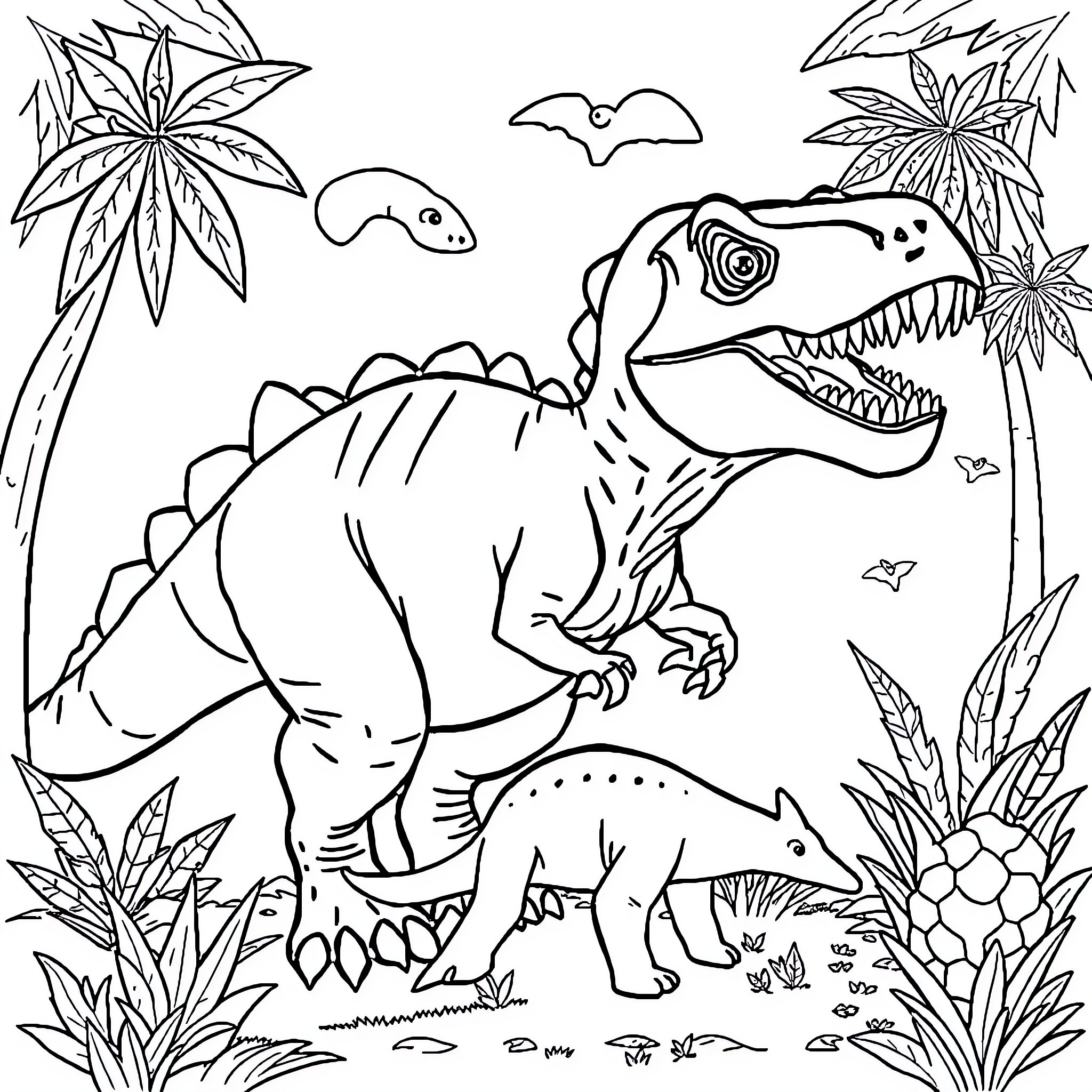 Dinosaur roaming in prehistoric jungle Coloring Page (free black-and-white line drawing printable PDF for all, from beginners to advanced learners, including children, teens, adults, and seniors)