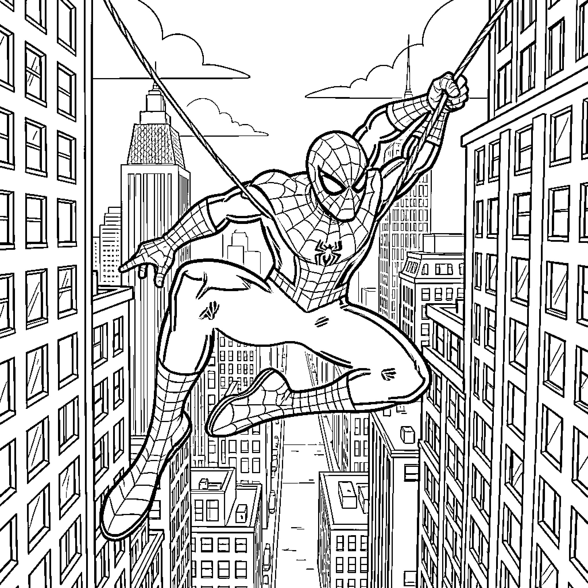 Miles Morales swinging through a busy city skyline Coloring Page (free black-and-white line drawing printable PDF for all, from beginners to advanced learners, including children, teens, adults, and seniors)
