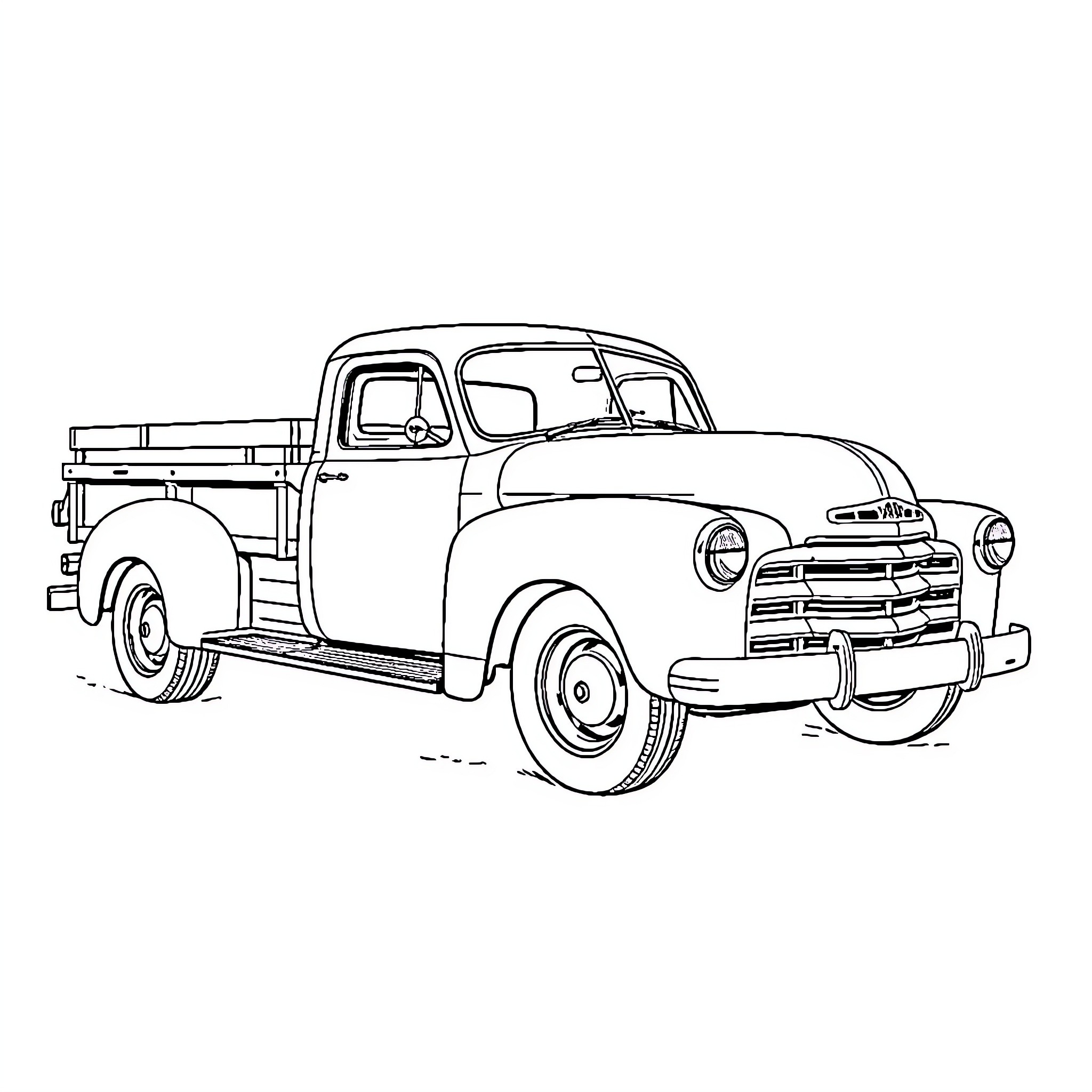 Pickup Truck from the Past on Display Coloring Page (free black-and-white line drawing printable PDF for all, from beginners to advanced learners, including children, teens, adults, and seniors)