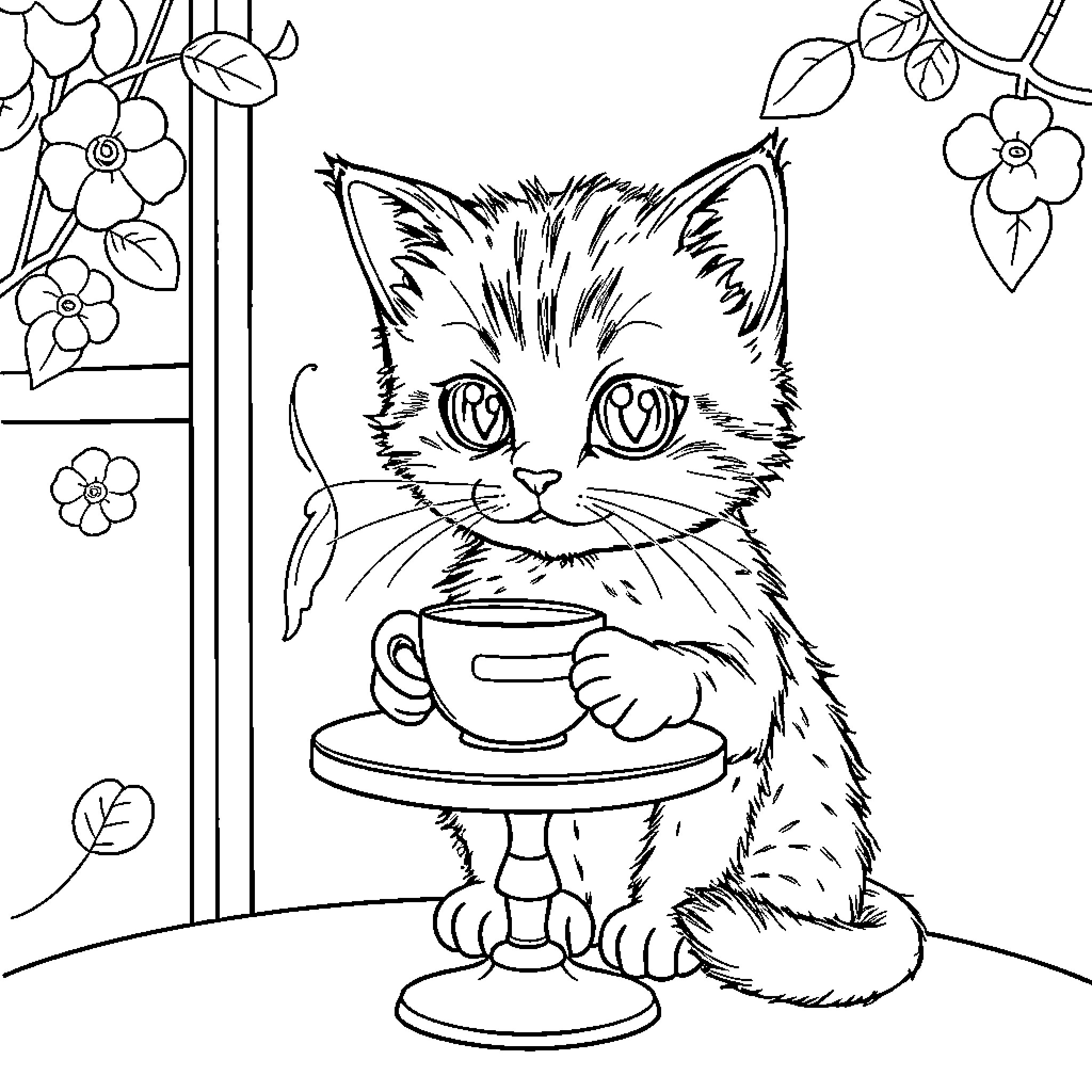 Chat with Cute Kitten and Flowers Coloring Page (free black-and-white line drawing printable PDF for all, from beginners to advanced learners, including children, teens, adults, and seniors)