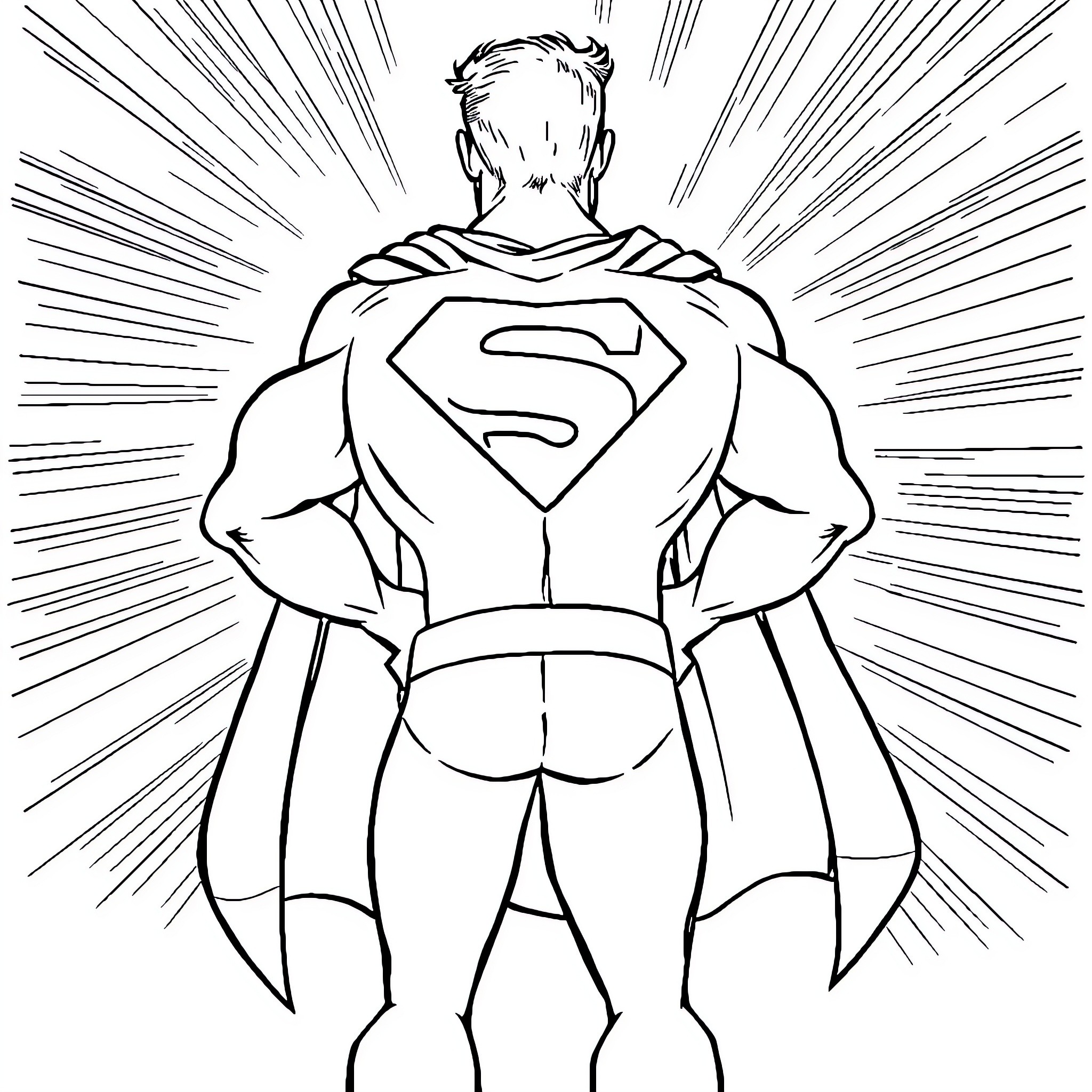Superman in heroic pose with cape and symbol Coloring Page (free black-and-white line drawing printable PDF for all, from beginners to advanced learners, including children, teens, adults, and seniors)