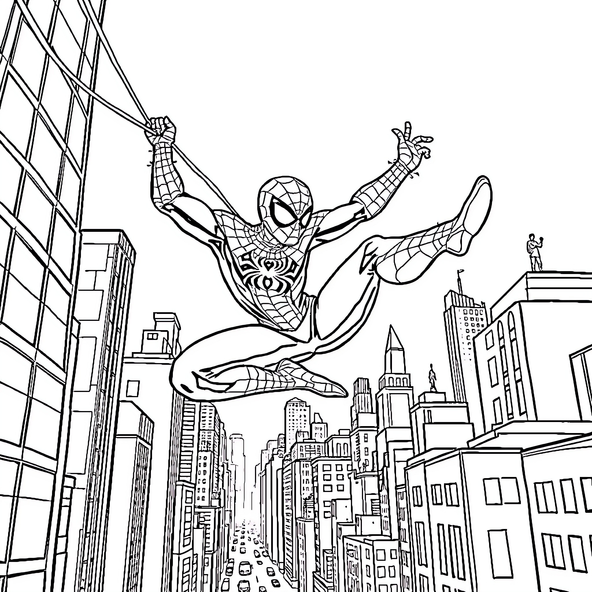 Spiderman swinging through the city skyline Coloring Page (free black-and-white line drawing printable PDF for all, from beginners to advanced learners, including children, teens, adults, and seniors)