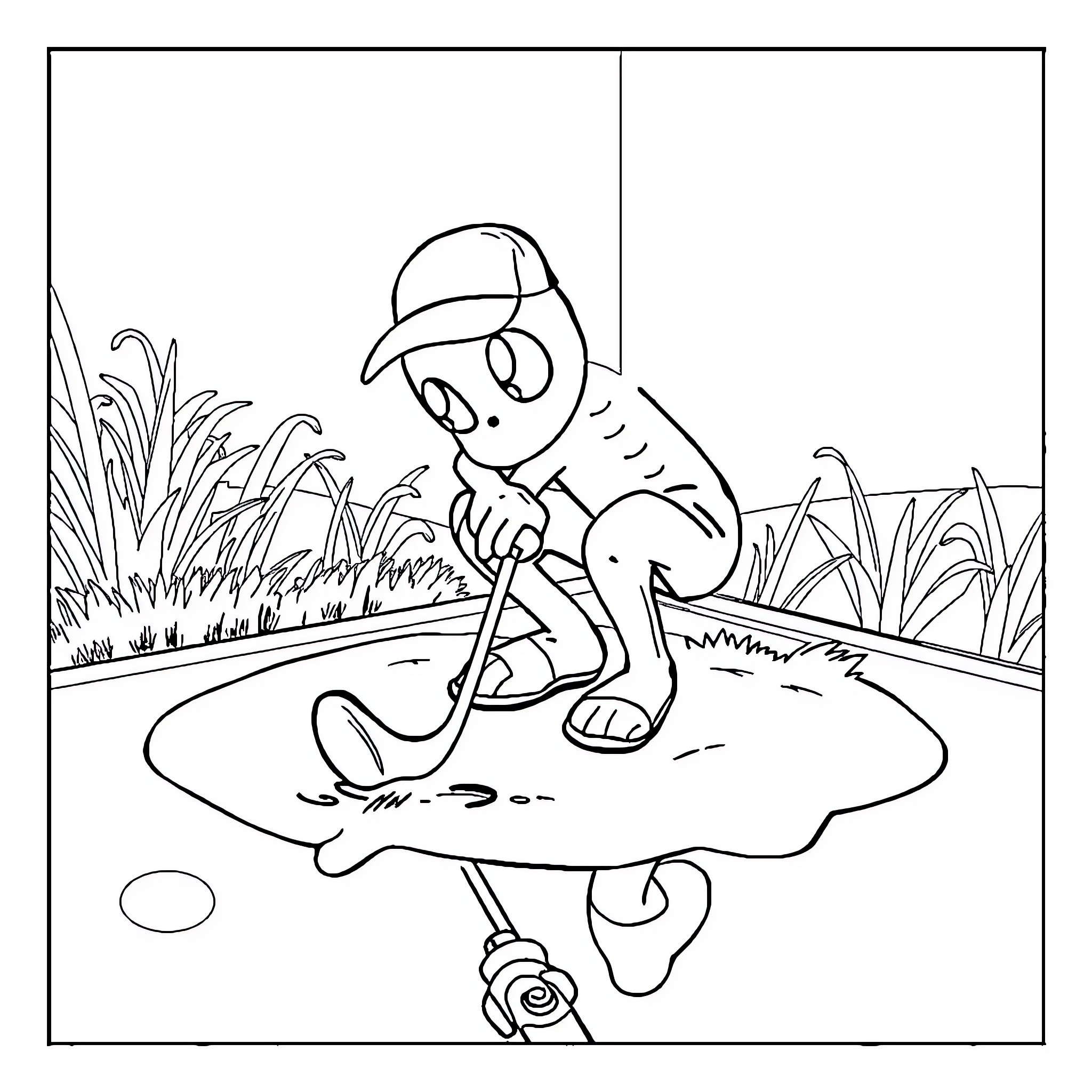 Creeper Fishing in the Pond Coloring Page (free black-and-white line drawing printable PDF for all, from beginners to advanced learners, including children, teens, adults, and seniors)
