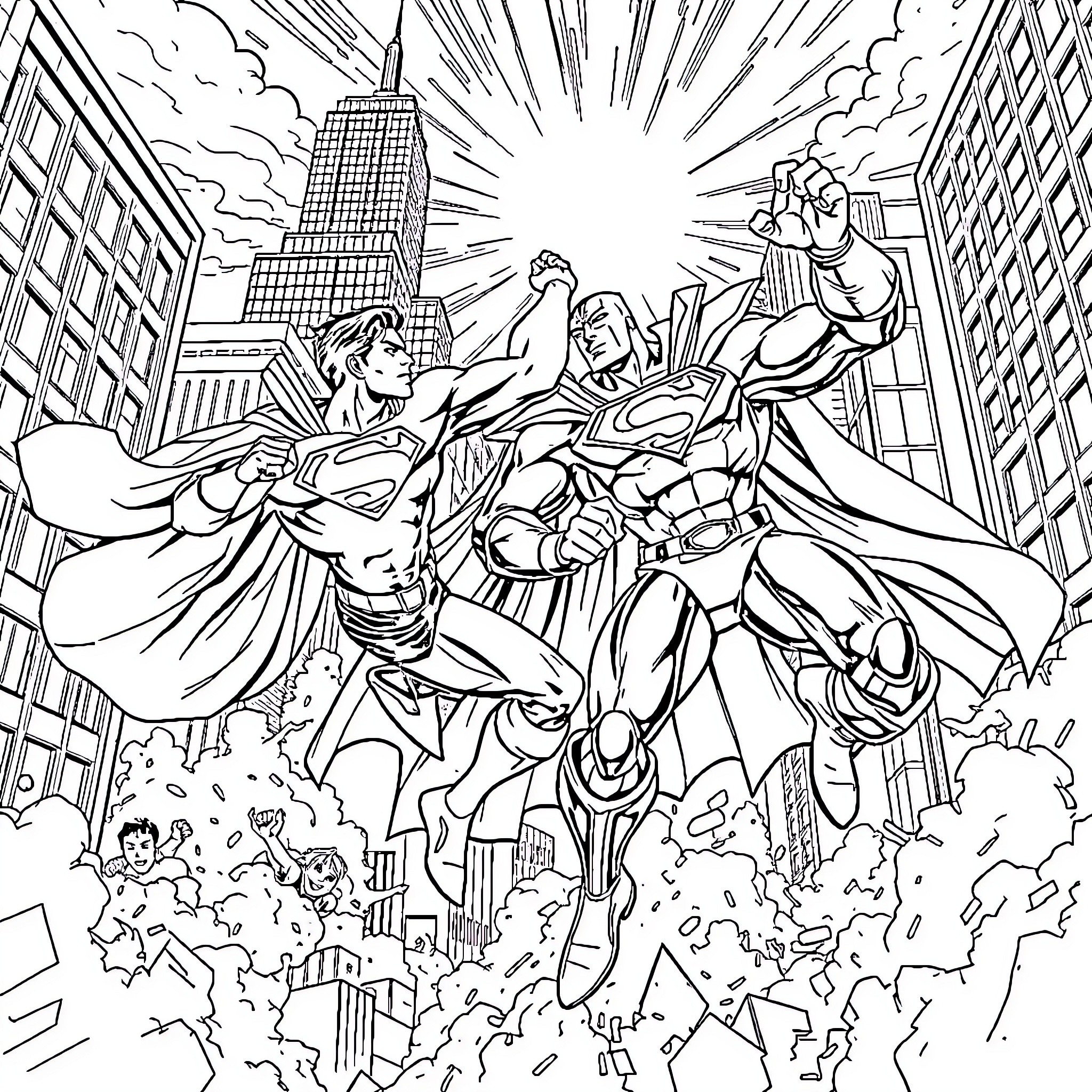 Superman battling heroically with supervillains in the city Coloring Page (free black-and-white line drawing printable PDF for all, from beginners to advanced learners, including children, teens, adults, and seniors)