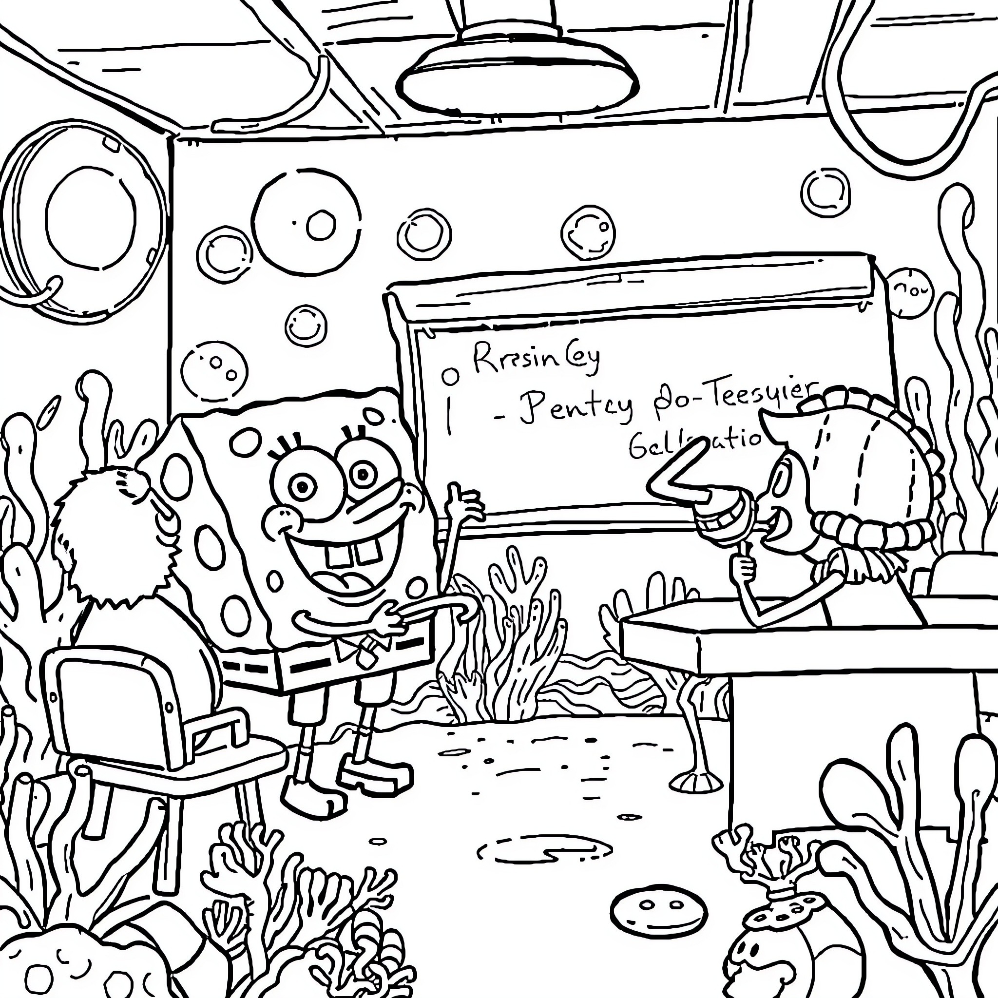 Spongebob and Friends in Underwater Classroom Adventure Coloring Page (free black-and-white line drawing printable PDF for all, from beginners to advanced learners, including children, teens, adults, and seniors)