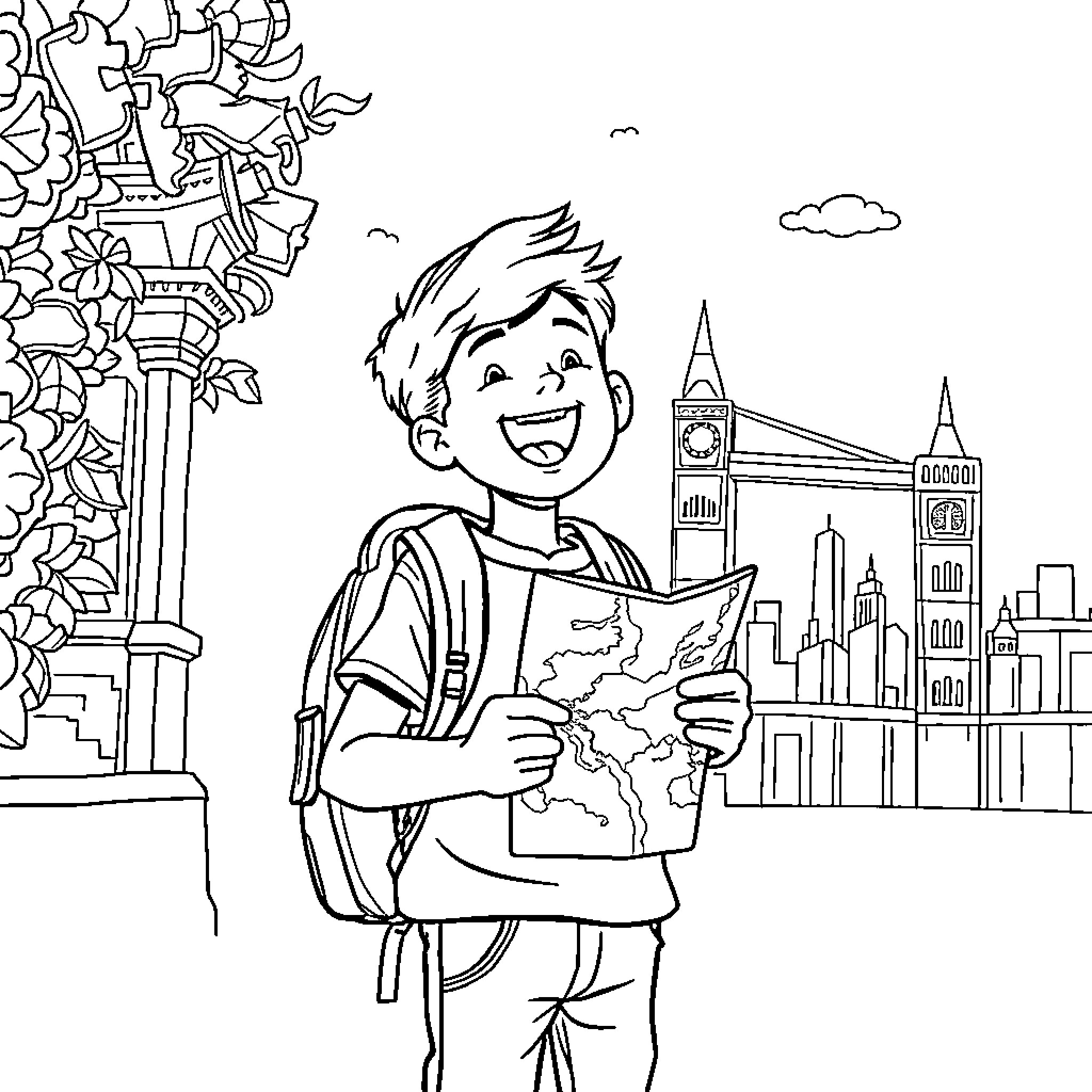 Boy Exploring the Cityscape with a Map Coloring Page (free black-and-white line drawing printable PDF for all, from beginners to advanced learners, including children, teens, adults, and seniors)
