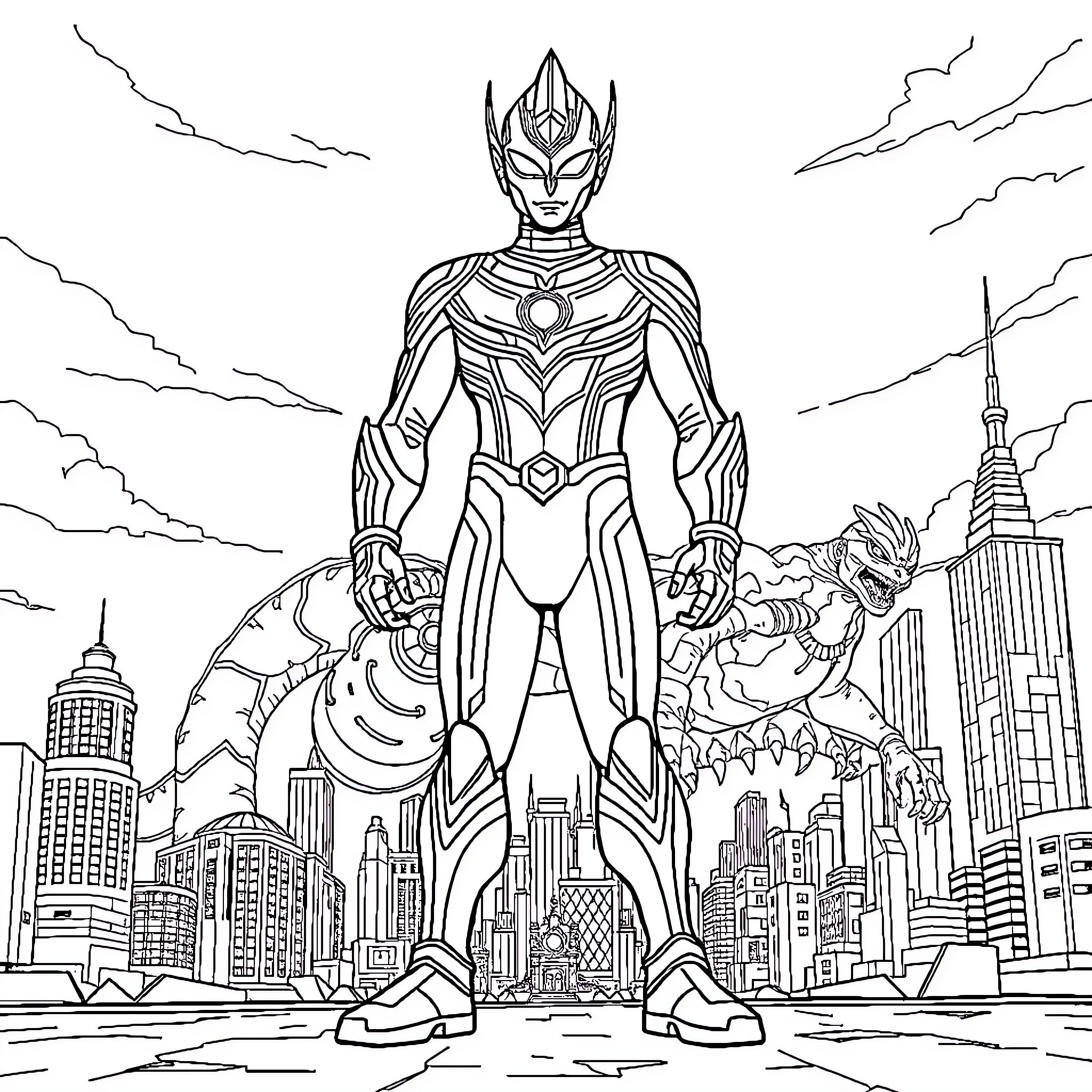 Ultraman hero standing tall in the city Coloring Page (free black-and-white line drawing printable PDF for all, from beginners to advanced learners, including children, teens, adults, and seniors)