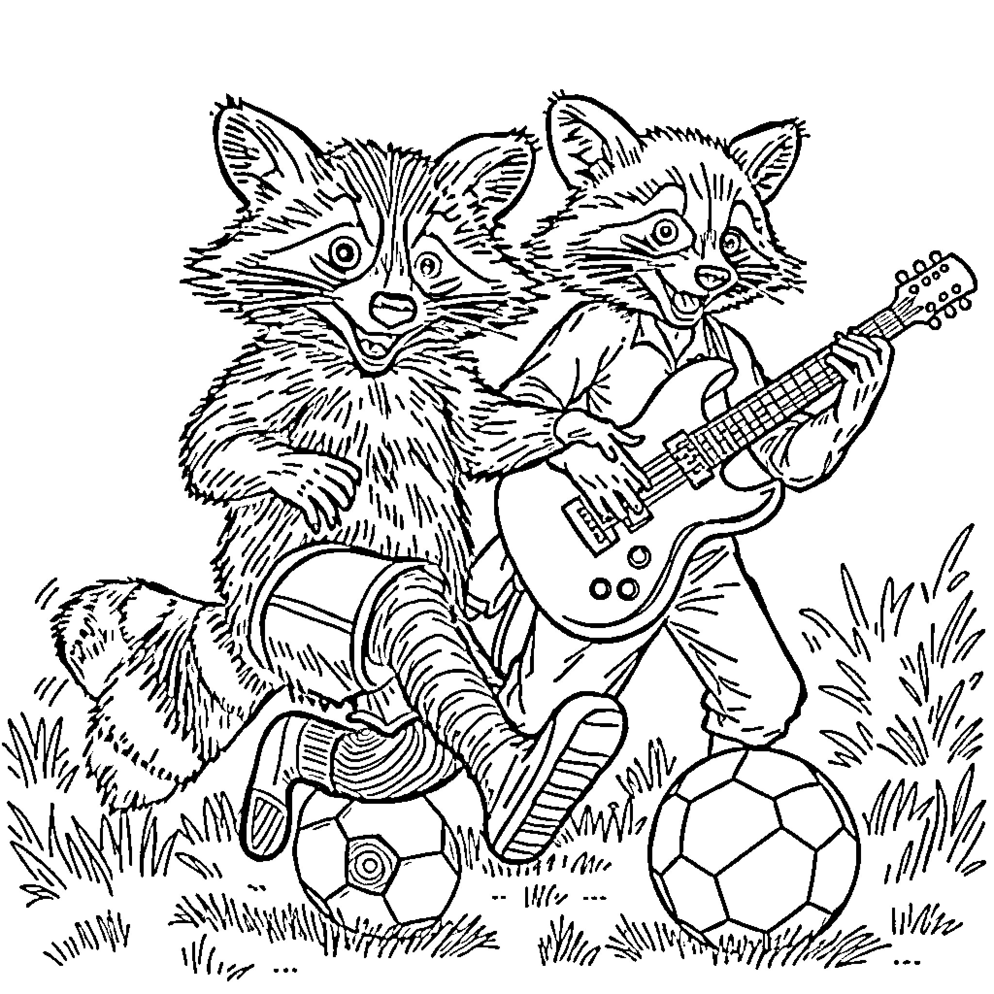 Raccoons playing music and sports in the park Coloring Page (free black-and-white line drawing printable PDF for all, from beginners to advanced learners, including children, teens, adults, and seniors)