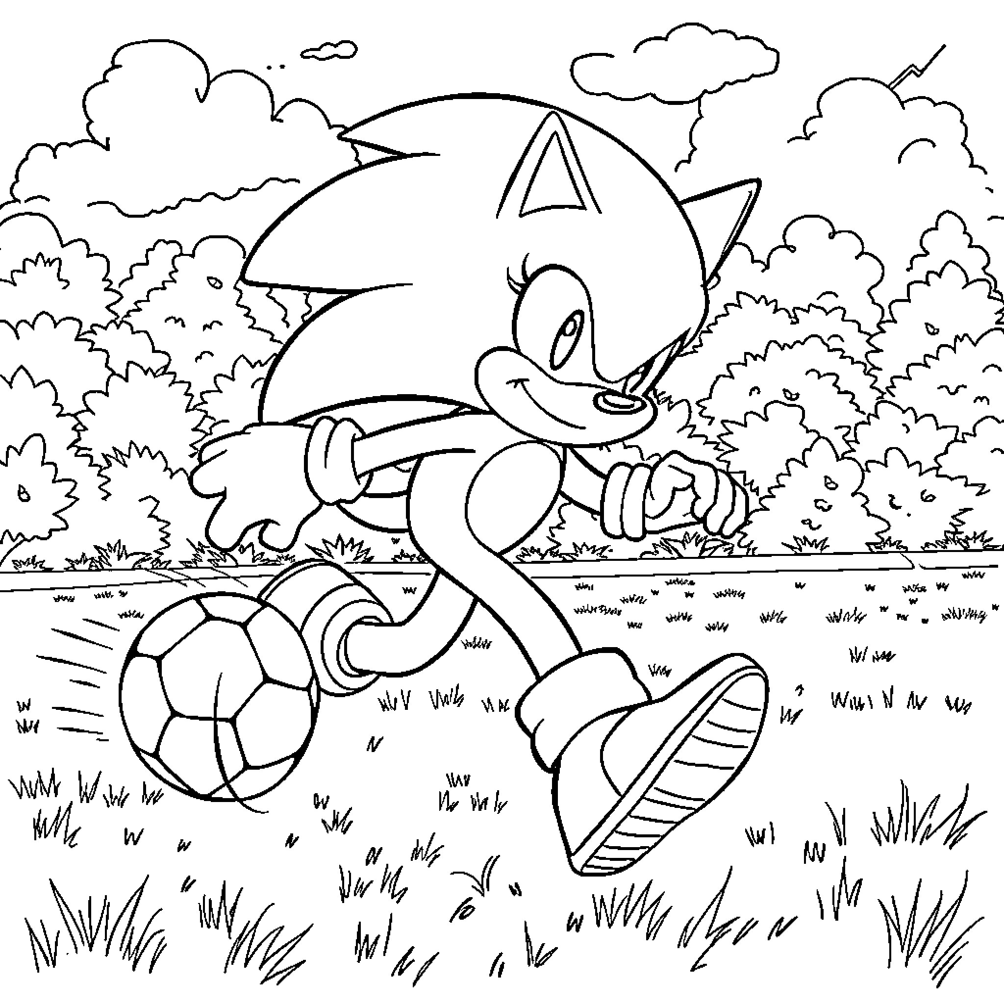 Sonic running and kicking a soccer ball in the park Coloring Page (free black-and-white line drawing printable PDF for all, from beginners to advanced learners, including children, teens, adults, and seniors)