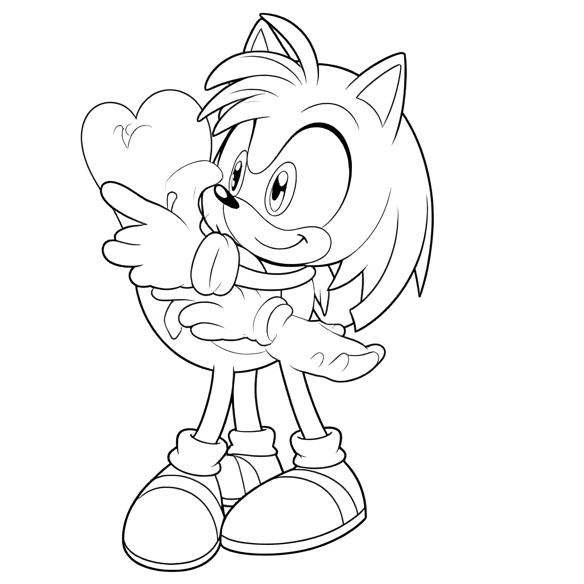 Amy the Hedgehog Happily Holding a Heart Coloring Page (free black-and-white line drawing printable PDF for all, from beginners to advanced learners, including children, teens, adults, and seniors)