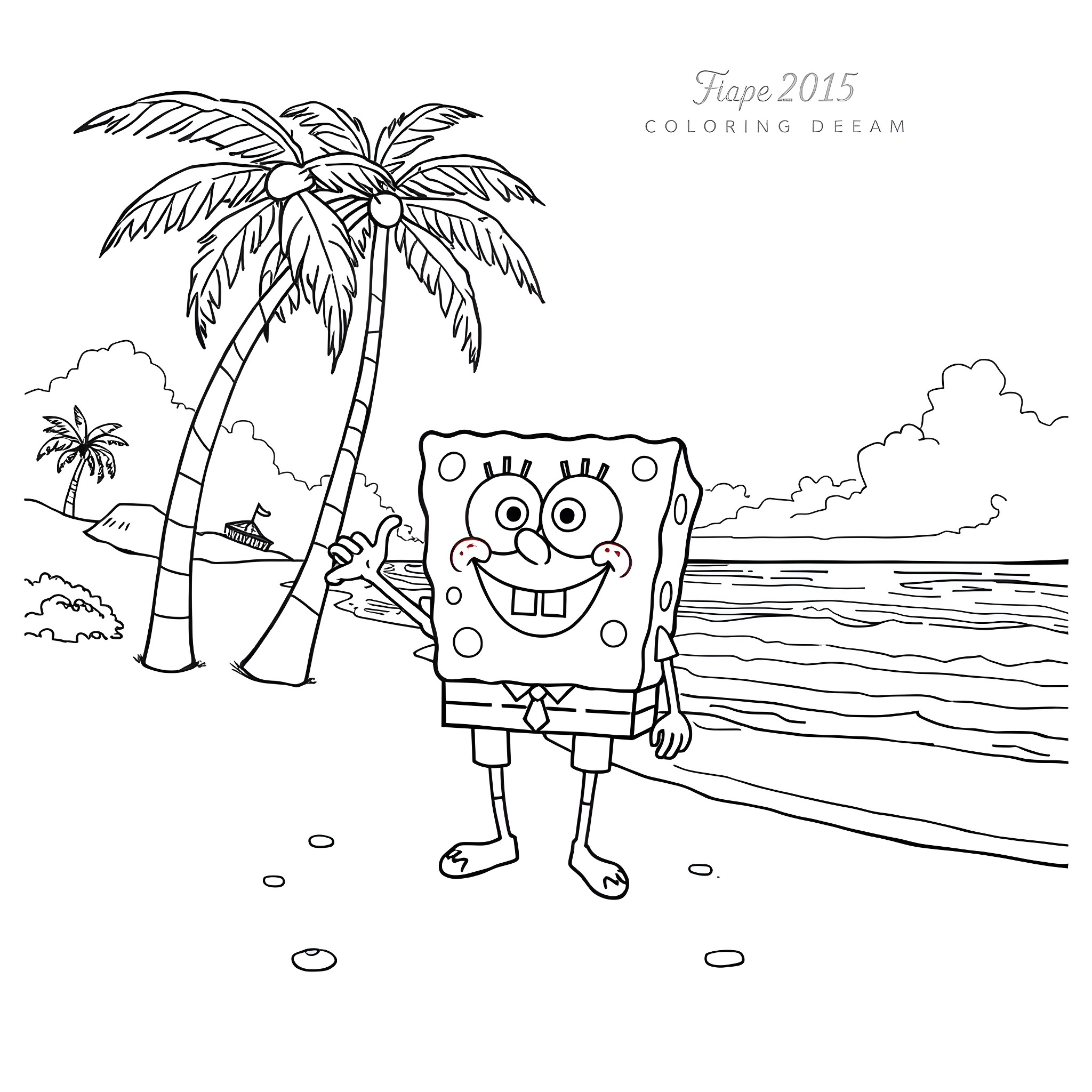Spongebob enjoying a sunny day at the beach Coloring Page (free black-and-white line drawing printable PDF for all, from beginners to advanced learners, including children, teens, adults, and seniors)