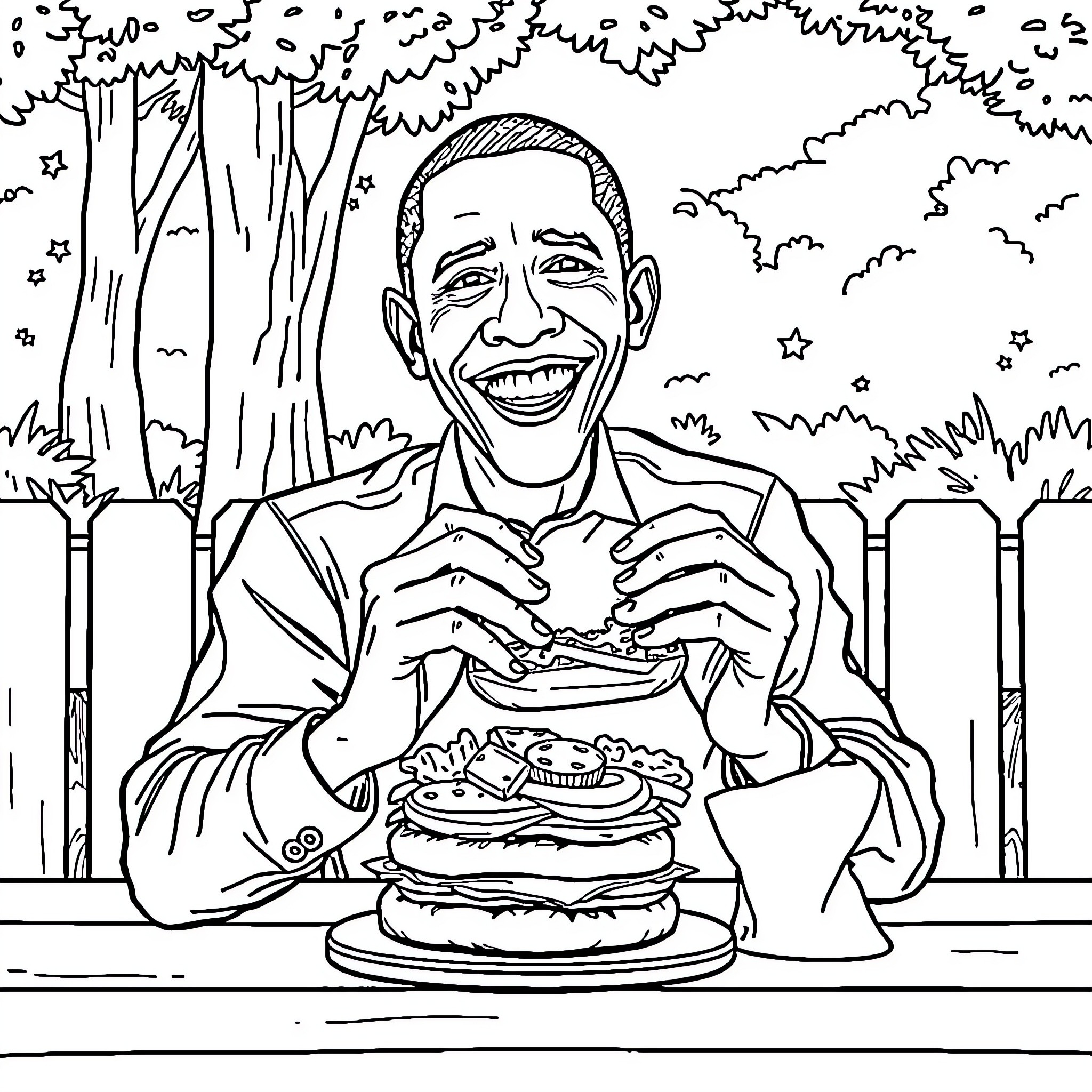 Obama enjoying a delicious meal outdoors Coloring Page (free black-and-white line drawing printable PDF for all, from beginners to advanced learners, including children, teens, adults, and seniors)