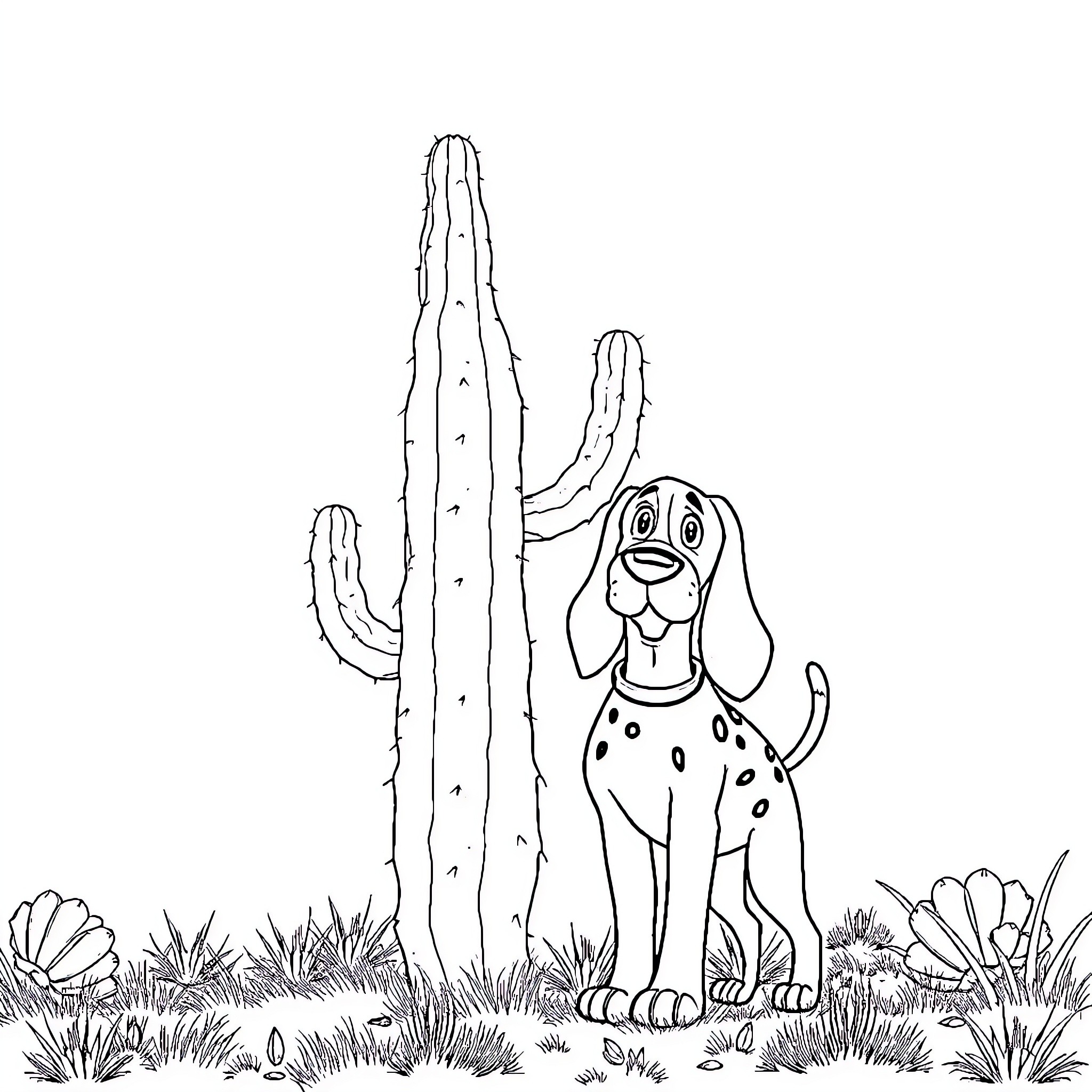Huckleberry Hound enjoying the desert landscape Coloring Page (free black-and-white line drawing printable PDF for all, from beginners to advanced learners, including children, teens, adults, and seniors)