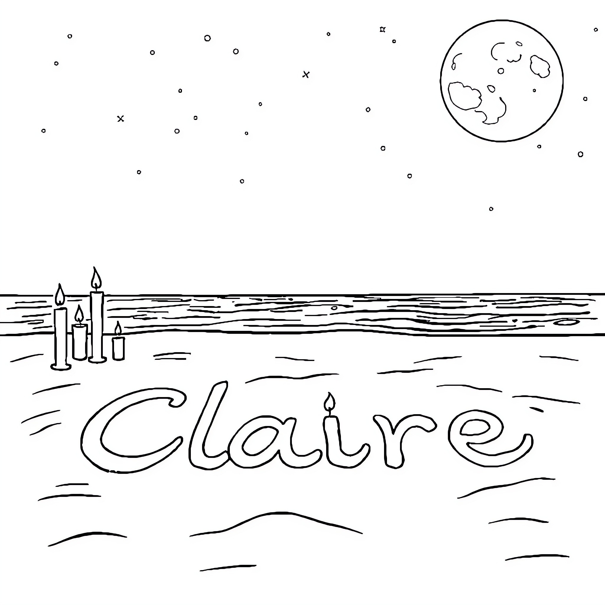 Claire's Peaceful Nighttime Seascape Coloring Page (free black-and-white line drawing printable PDF for all, from beginners to advanced learners, including children, teens, adults, and seniors)