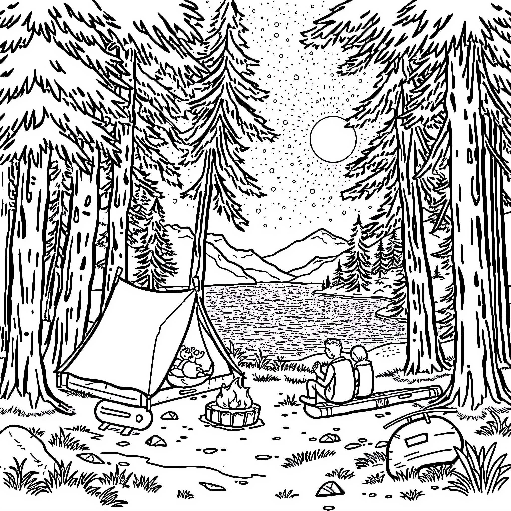 Camping in the serene forest landscape Coloring Page (free black-and-white line drawing printable PDF for all, from beginners to advanced learners, including children, teens, adults, and seniors)