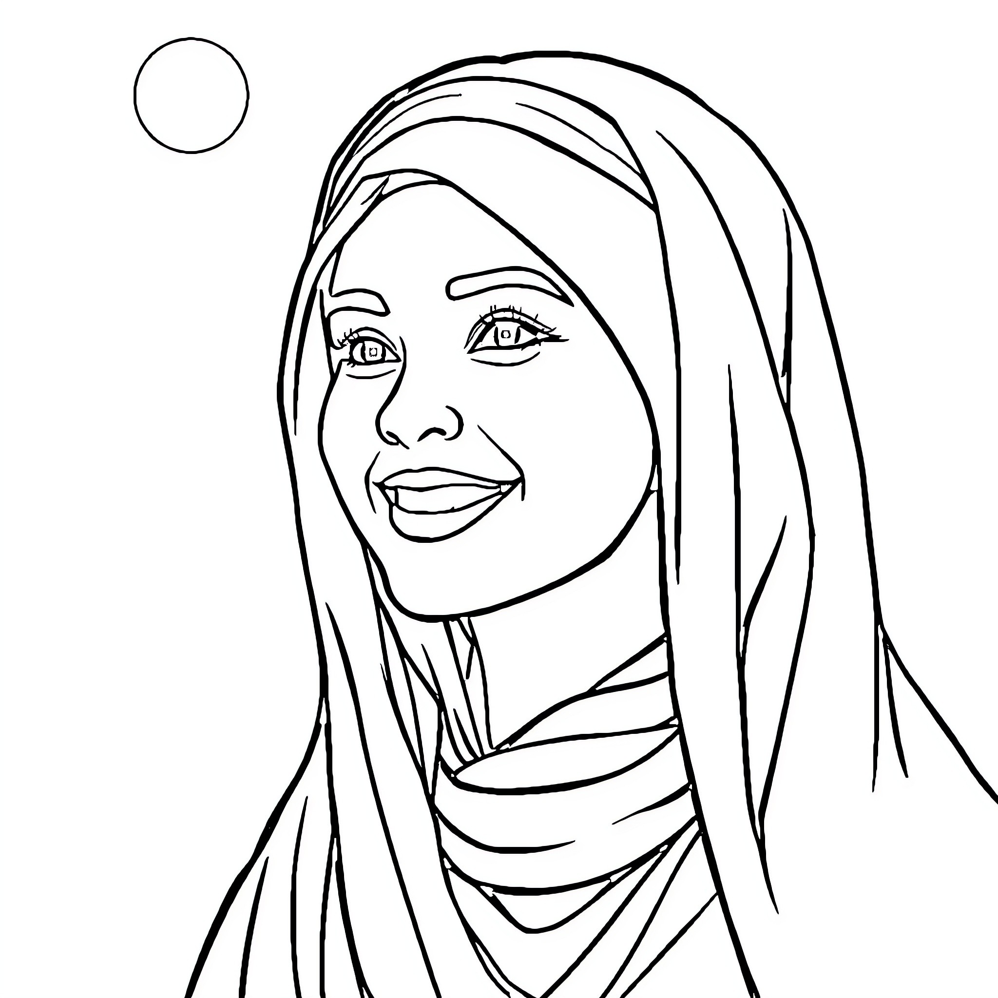 Woman in traditional hijab clothing Coloring Page (free black-and-white line drawing printable PDF for all, from beginners to advanced learners, including children, teens, adults, and seniors)