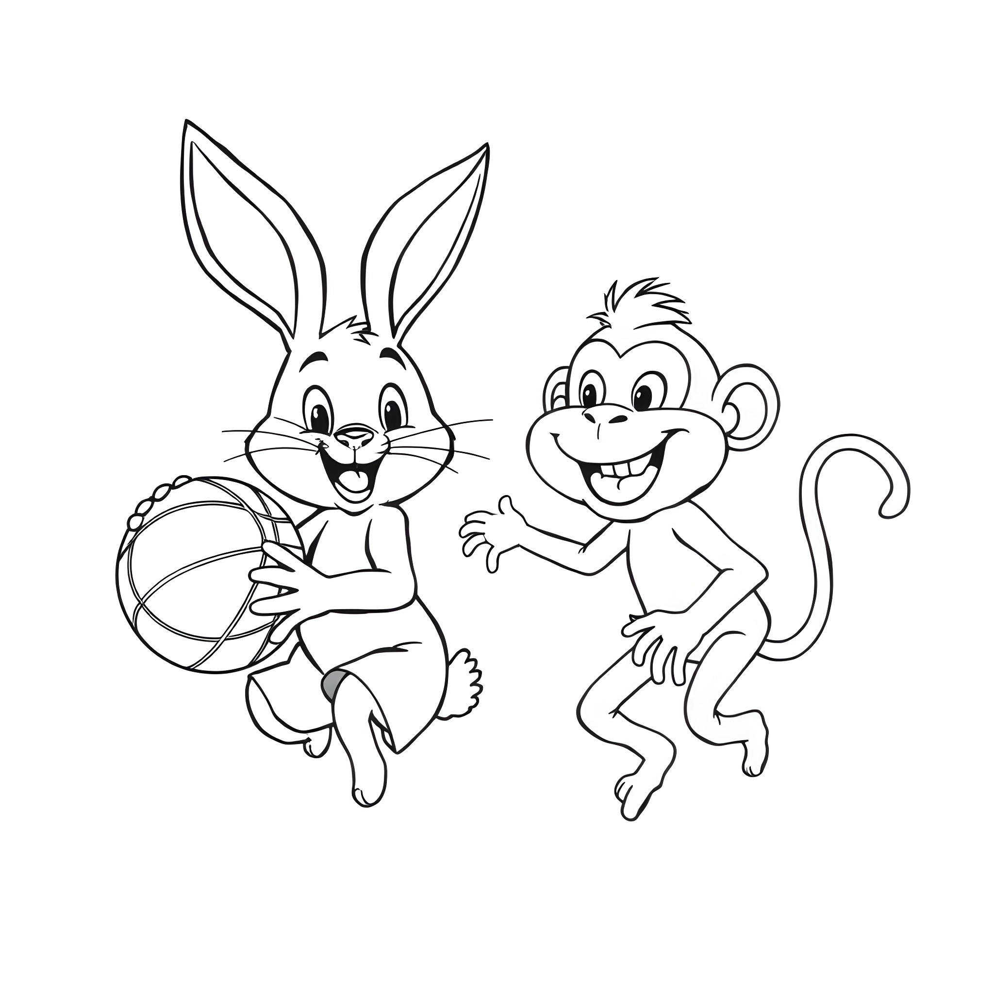 Bunny and Monkey Playing with Ball Coloring Page (free black-and-white line drawing printable PDF for all, from beginners to advanced learners, including children, teens, adults, and seniors)