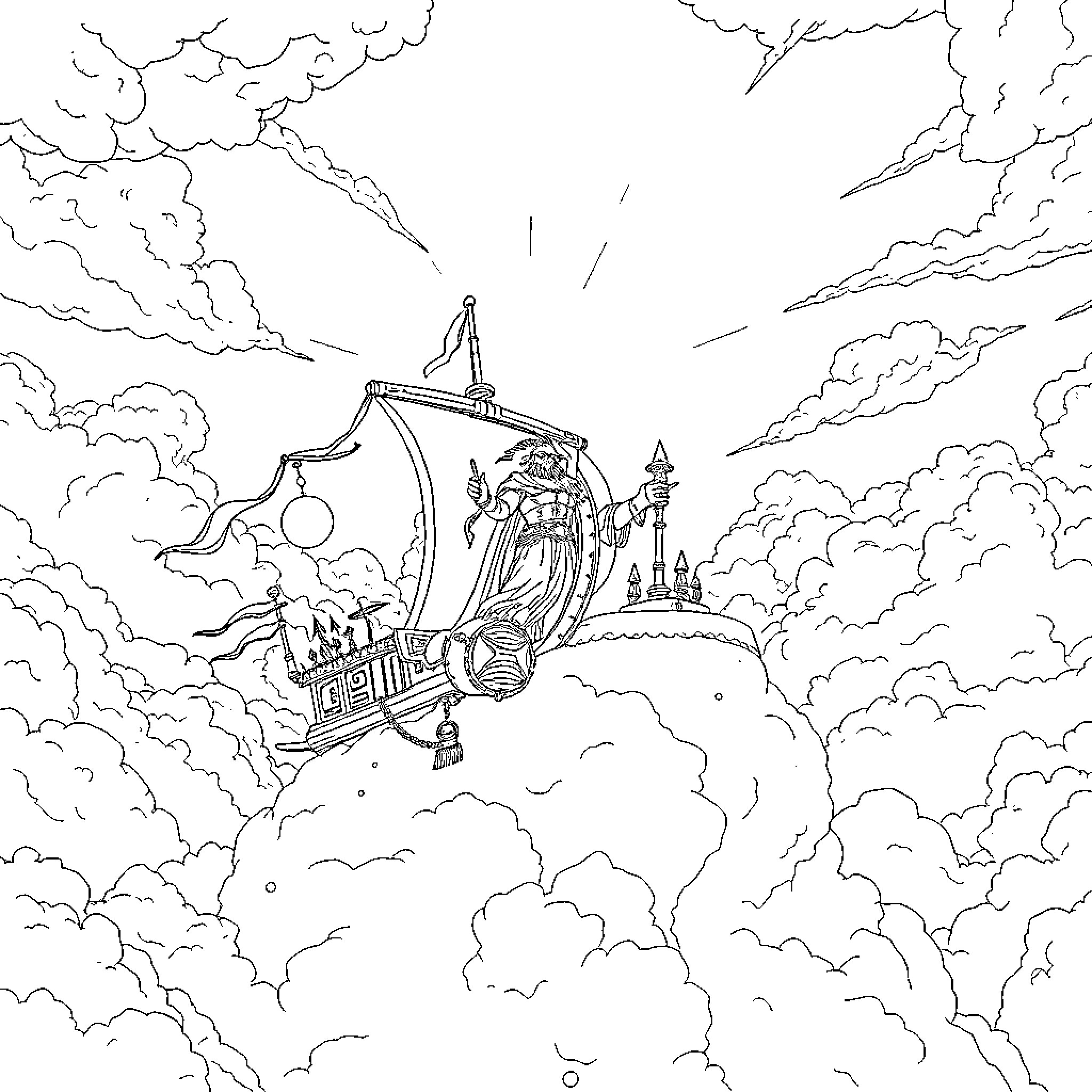 Kharadron Sky Vessel in Stormy Clouds Coloring Page (free black-and-white line drawing printable PDF for all, from beginners to advanced learners, including children, teens, adults, and seniors)