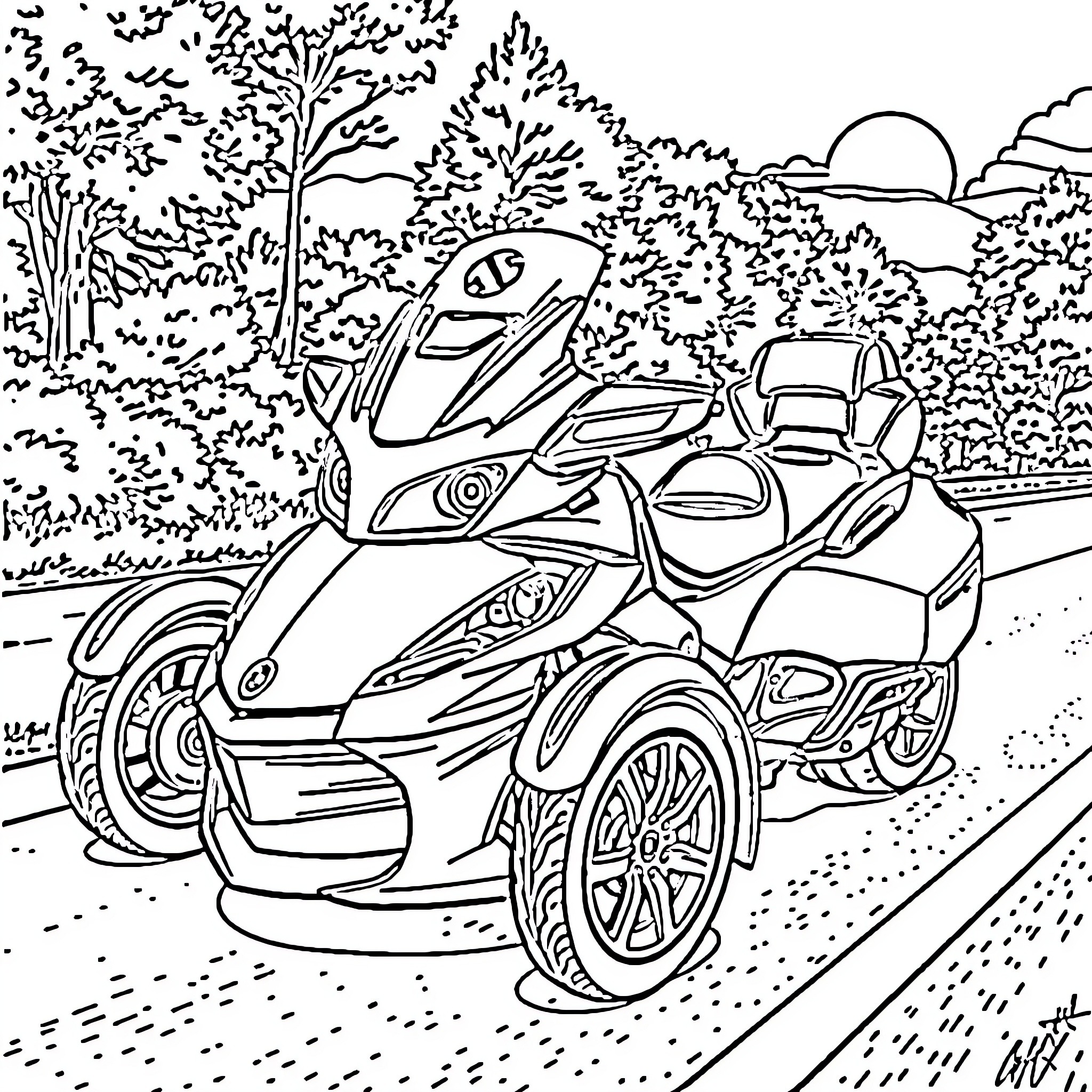 Can-Am Spyder enjoying the scenic countryside Coloring Page (free black-and-white line drawing printable PDF for all, from beginners to advanced learners, including children, teens, adults, and seniors)