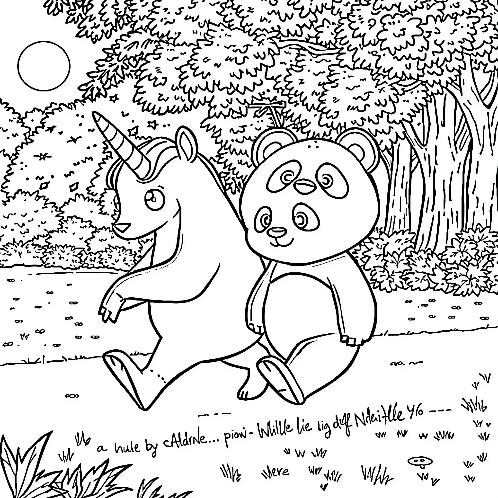 Unicorn and Panda Playing in the Forest Coloring Page (free black-and-white line drawing printable PDF for all, from beginners to advanced learners, including children, teens, adults, and seniors)