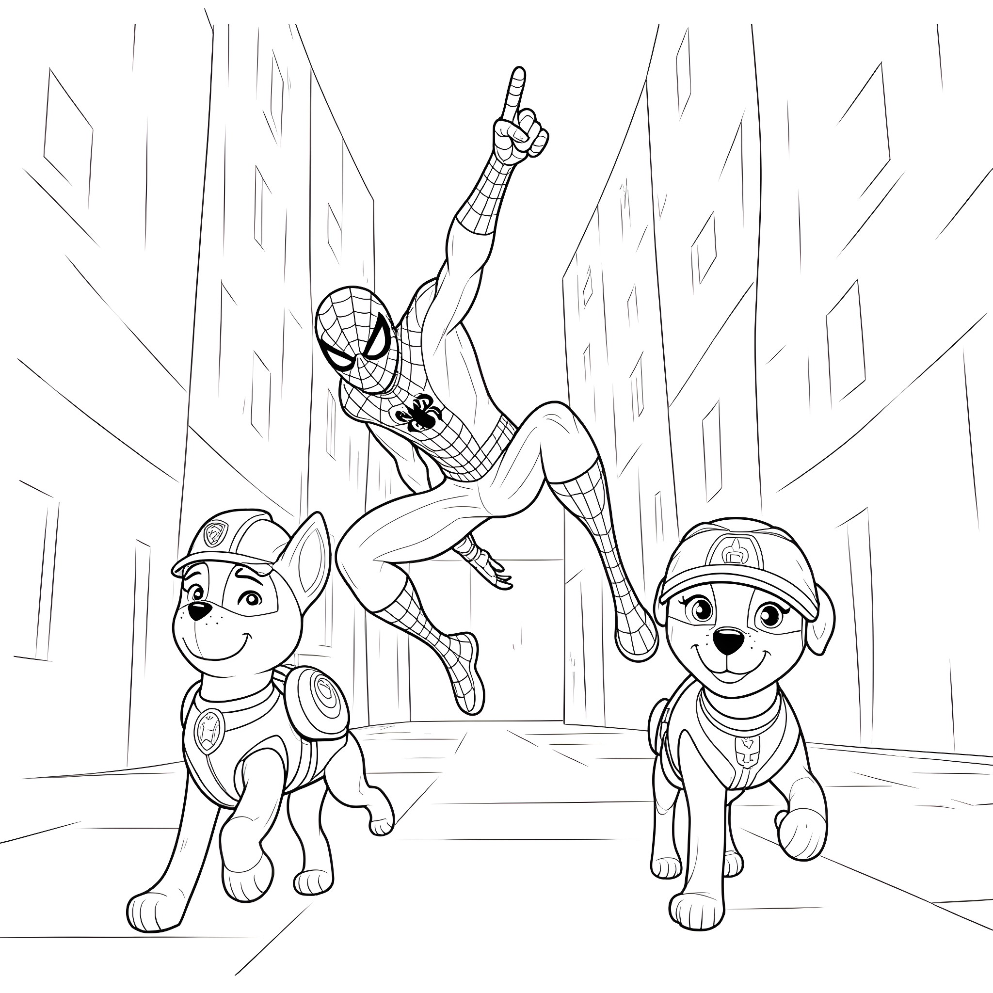 Spider-Man Swinging with Paw Patrol Puppies Coloring Page (free black-and-white line drawing printable PDF for all, from beginners to advanced learners, including children, teens, adults, and seniors)
