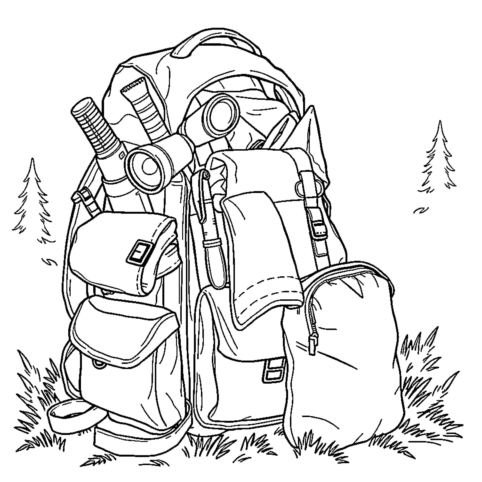 Camping Gear Packed for Outdoor Adventure Coloring Page (free black-and-white line drawing printable PDF for all, from beginners to advanced learners, including children, teens, adults, and seniors)