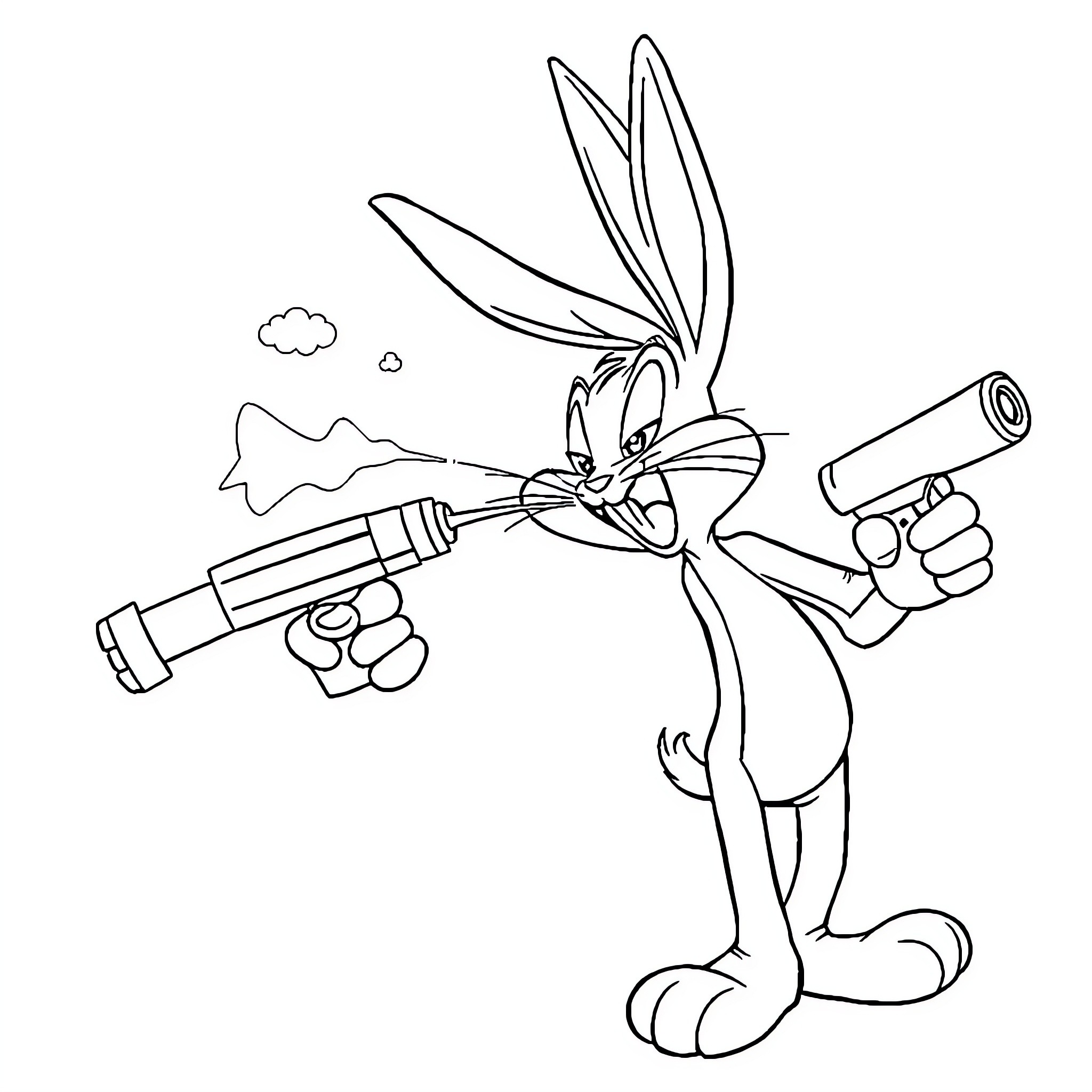 Bugs Bunny wielding a weapon and blowing up Coloring Page (free black-and-white line drawing printable PDF for all, from beginners to advanced learners, including children, teens, adults, and seniors)