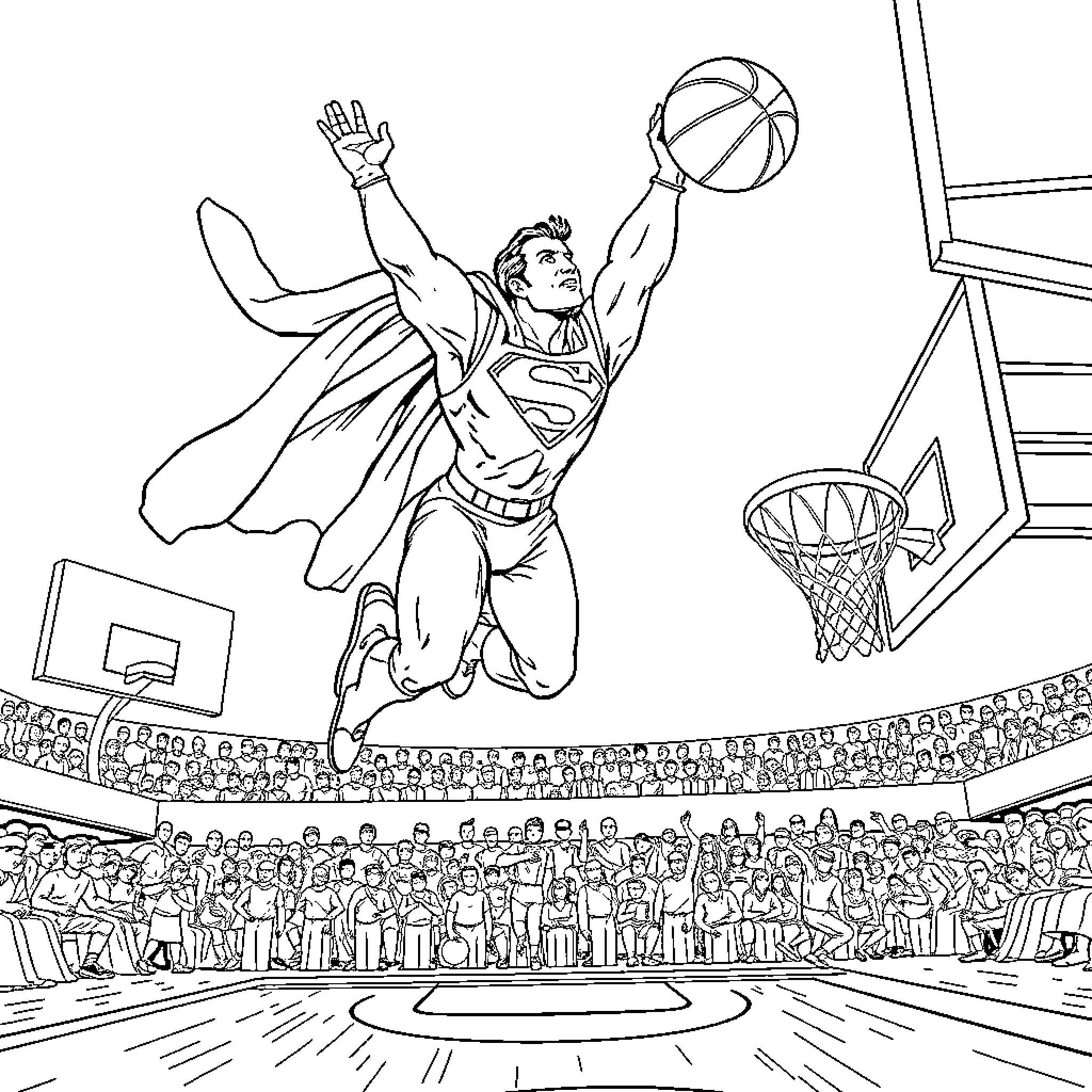 Superman's Basketball Slam Dunk in Front of Cheering Crowd Coloring Page (free black-and-white line drawing printable PDF for all, from beginners to advanced learners, including children, teens, adults, and seniors)