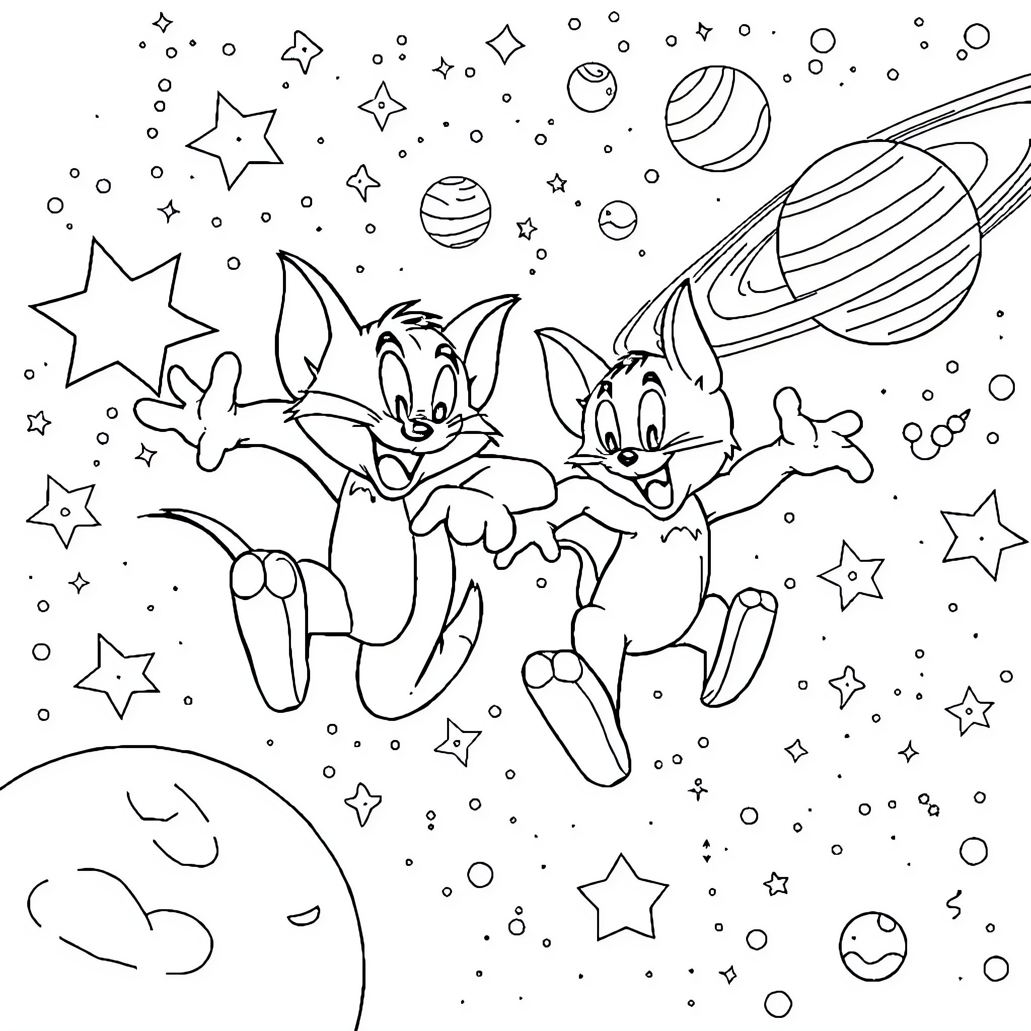 Tom and Jerry's cosmic adventure in the starry night Coloring Page (free black-and-white line drawing printable PDF for all, from beginners to advanced learners, including children, teens, adults, and seniors)