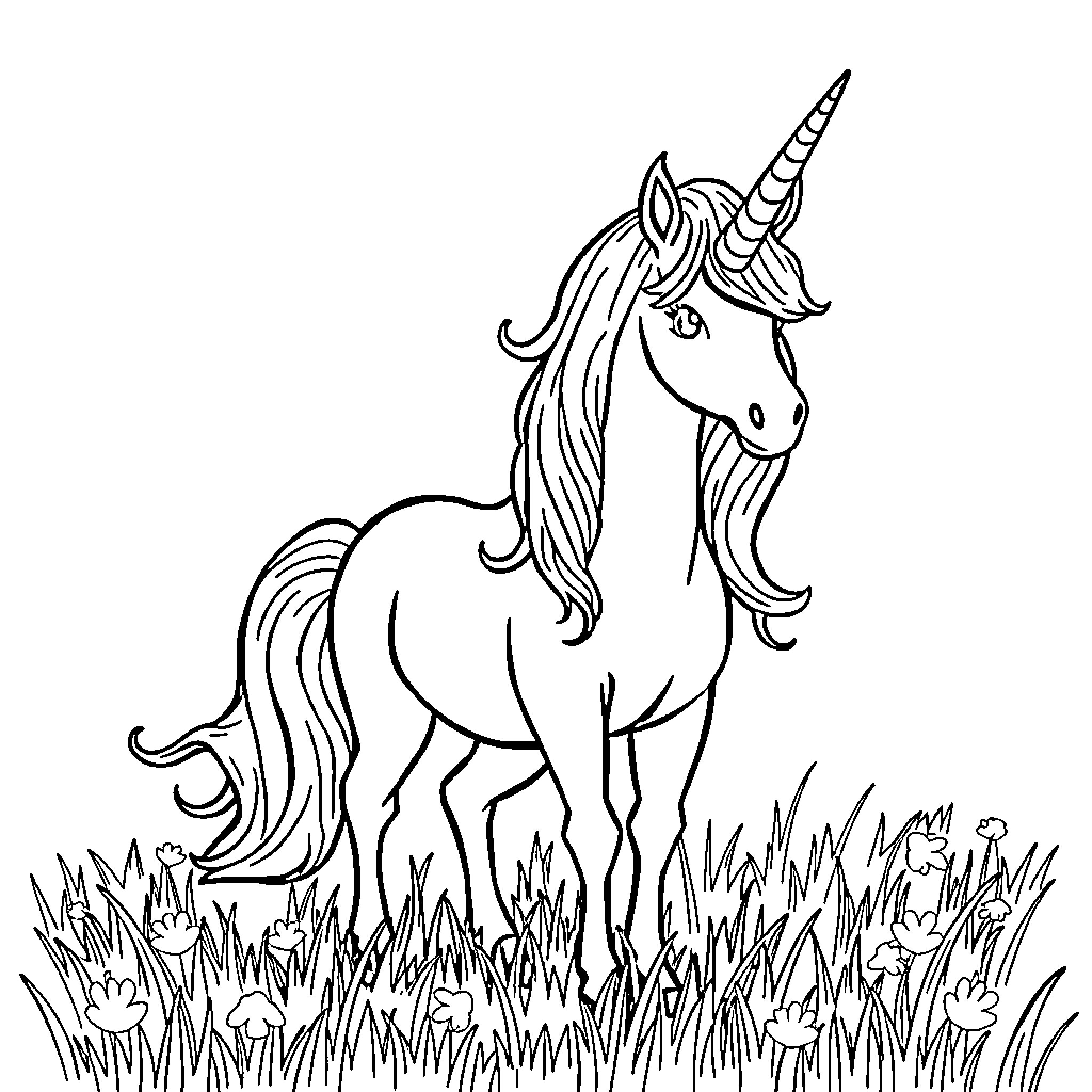 Unicorn standing tall in a grassy meadow Coloring Page (free black-and-white line drawing printable PDF for all, from beginners to advanced learners, including children, teens, adults, and seniors)