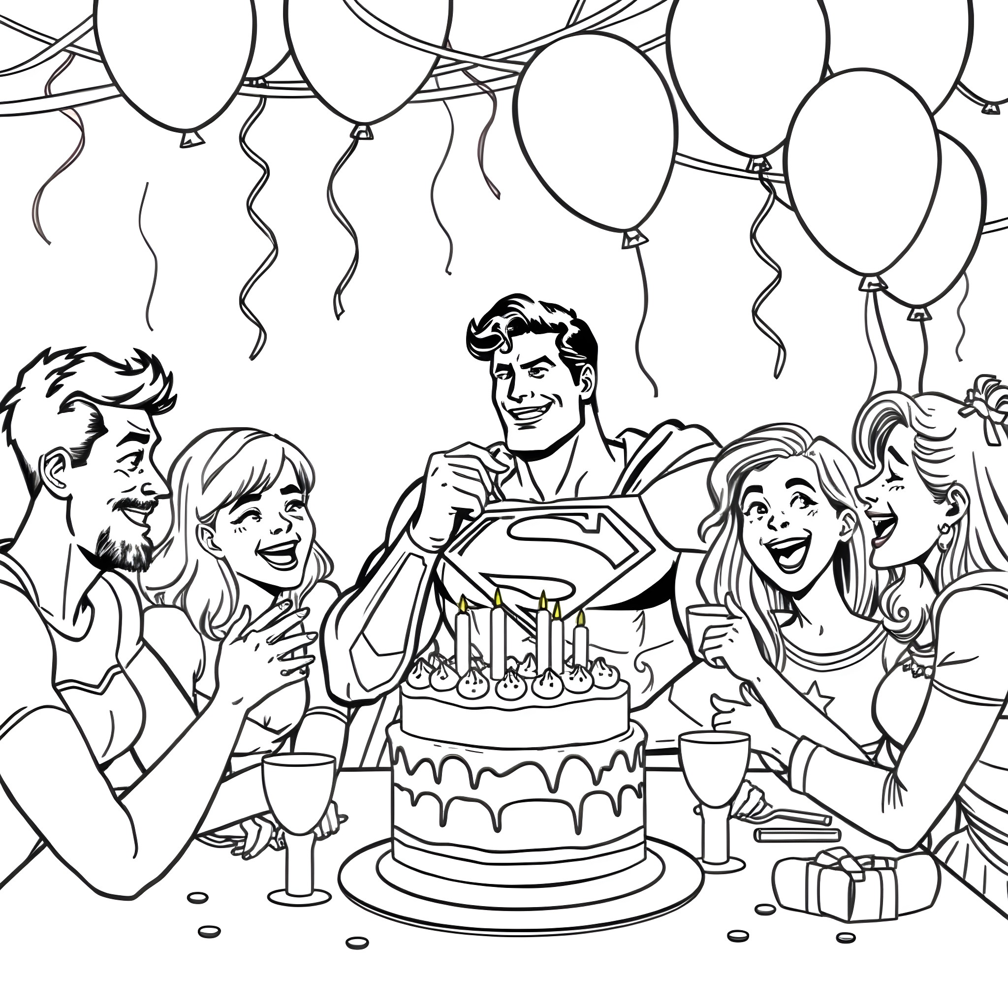 Superman celebrating birthday with friends and family Coloring Page (free black-and-white line drawing printable PDF for all, from beginners to advanced learners, including children, teens, adults, and seniors)
