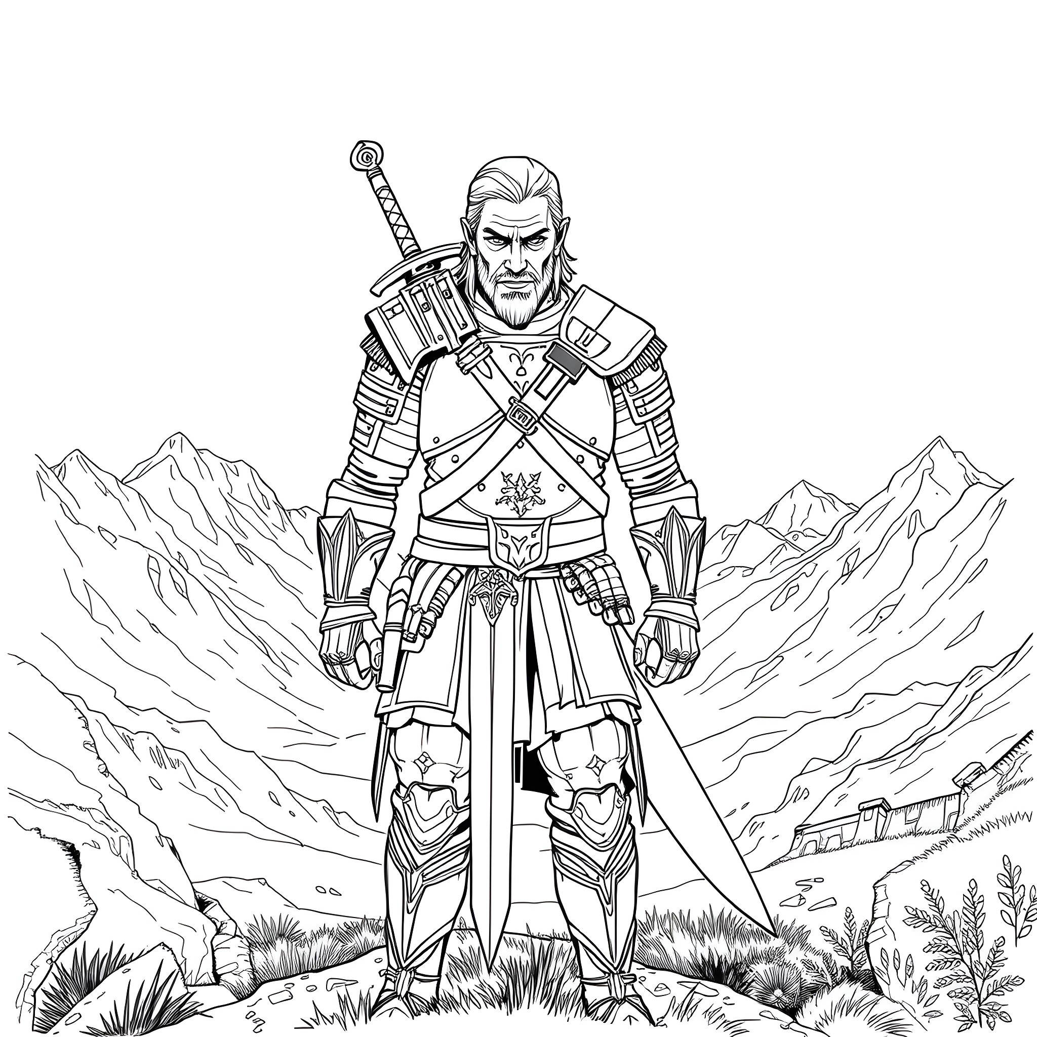 Geralt, the Witcher, stands resolute in a rugged landscape Coloring Page (free black-and-white line drawing printable PDF for all, from beginners to advanced learners, including children, teens, adults, and seniors)