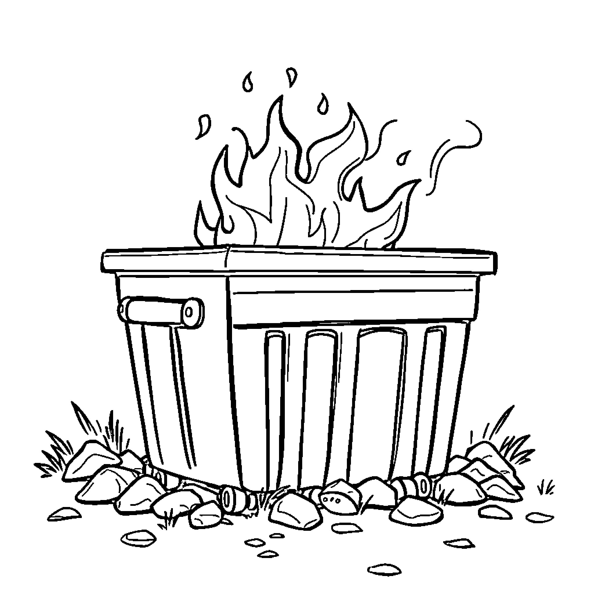 Dumpster Fire with Burning Trash and Debris Coloring Page (free black-and-white line drawing printable PDF for all, from beginners to advanced learners, including children, teens, adults, and seniors)