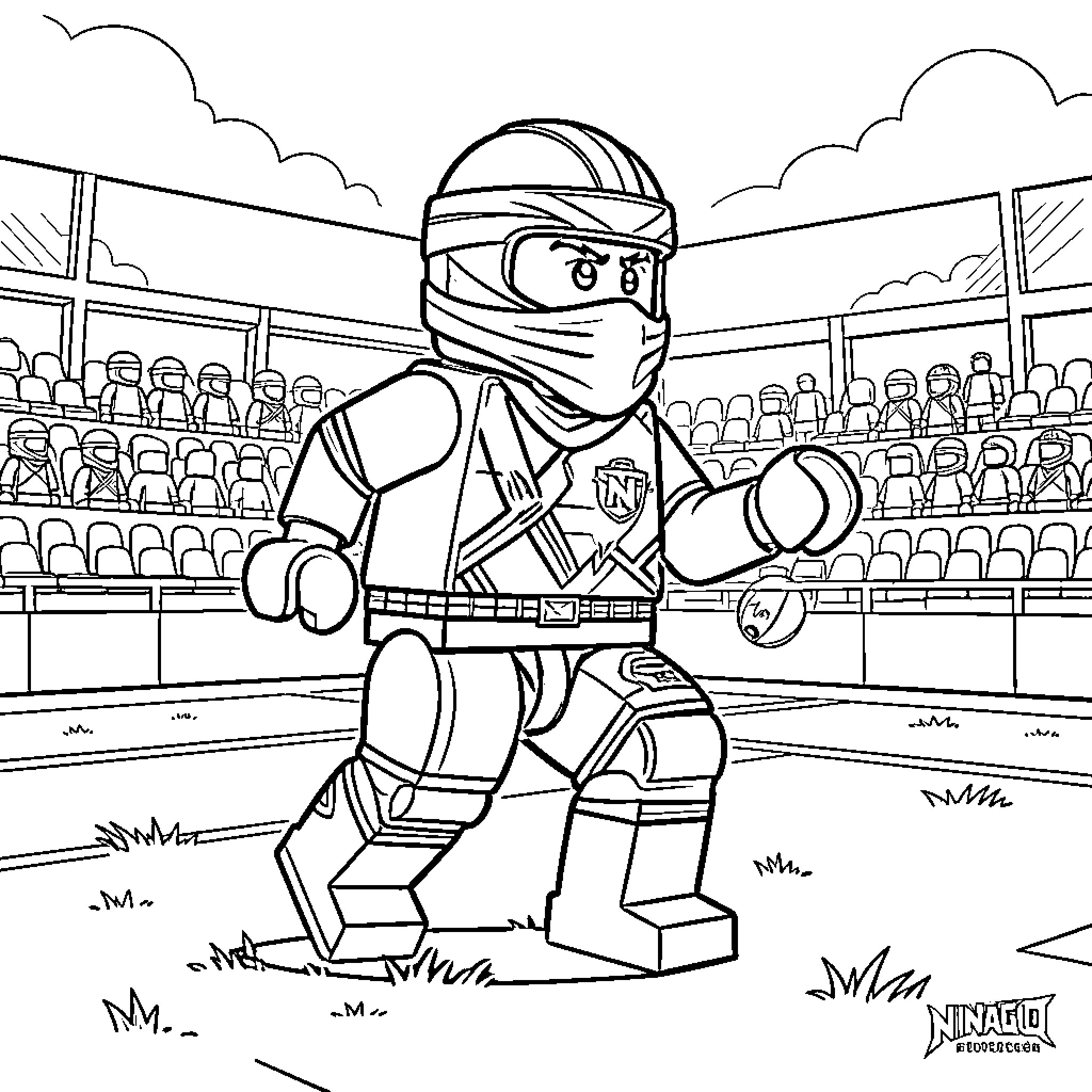 Ninjago character competing intensely in a stadium arena Coloring Page (free black-and-white line drawing printable PDF for all, from beginners to advanced learners, including children, teens, adults, and seniors)