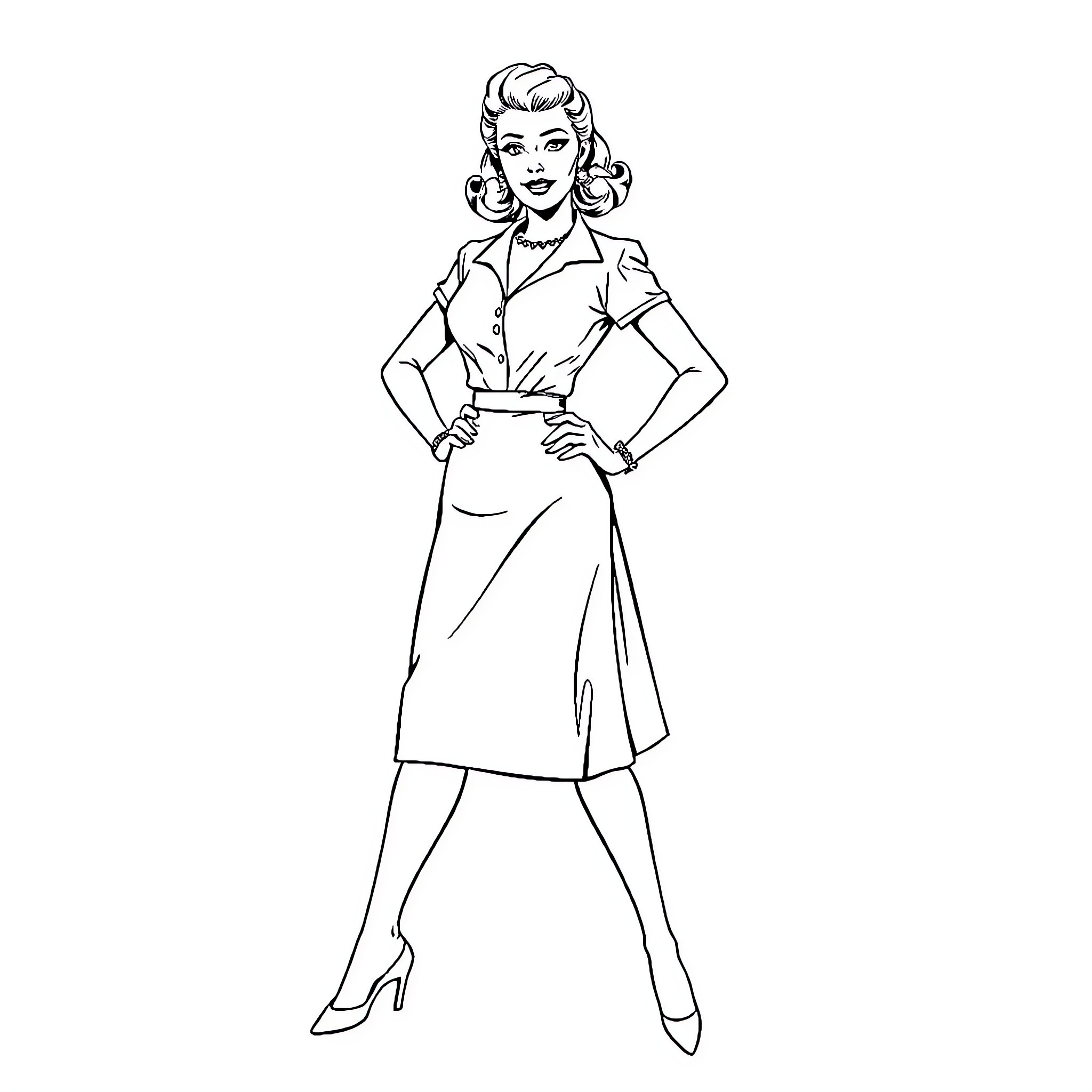 Wife in a vintage-inspired outfit posing confidently Coloring Page (free black-and-white line drawing printable PDF for all, from beginners to advanced learners, including children, teens, adults, and seniors)