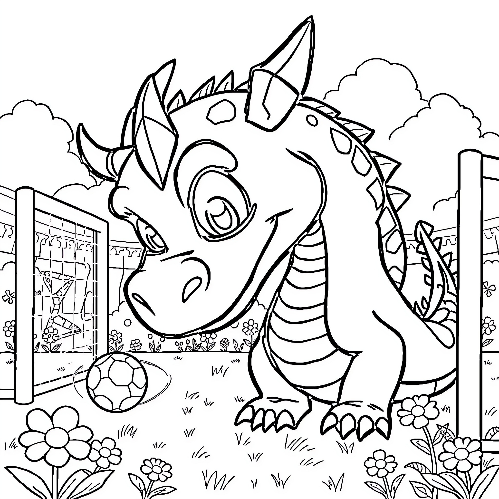 Dragon playing with ball in garden Coloring Page (free black-and-white line drawing printable PDF for all, from beginners to advanced learners, including children, teens, adults, and seniors)
